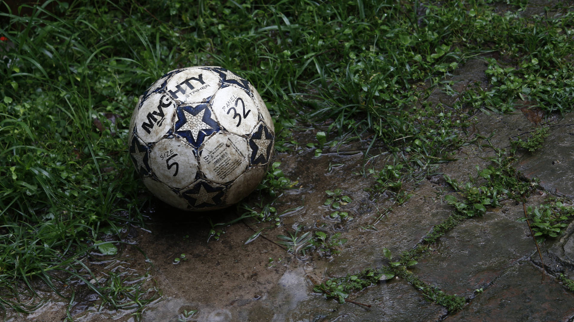 Mudret fodbold i vandpyt med grønt græs desktop wallpaper. — Fodbold Wallpapers