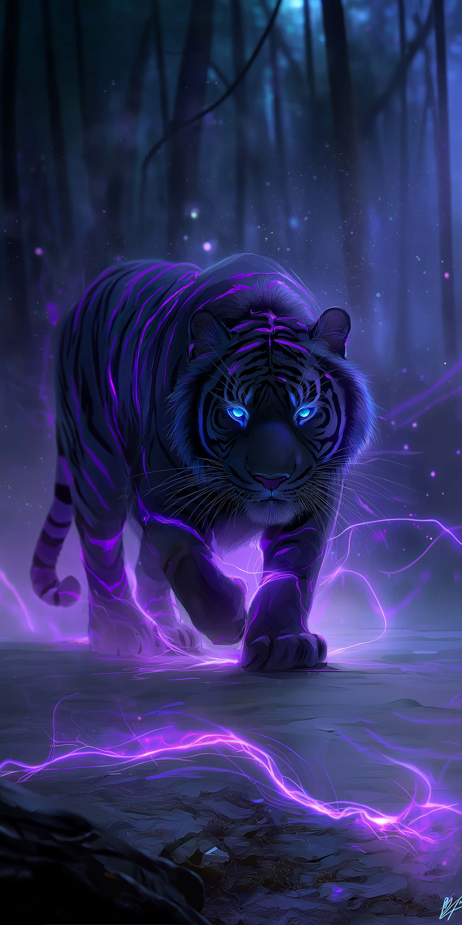 En mystisk mørk tiger med glødende blå øjne og lilla elektriske striber, der går gennem skoven Wallpapers