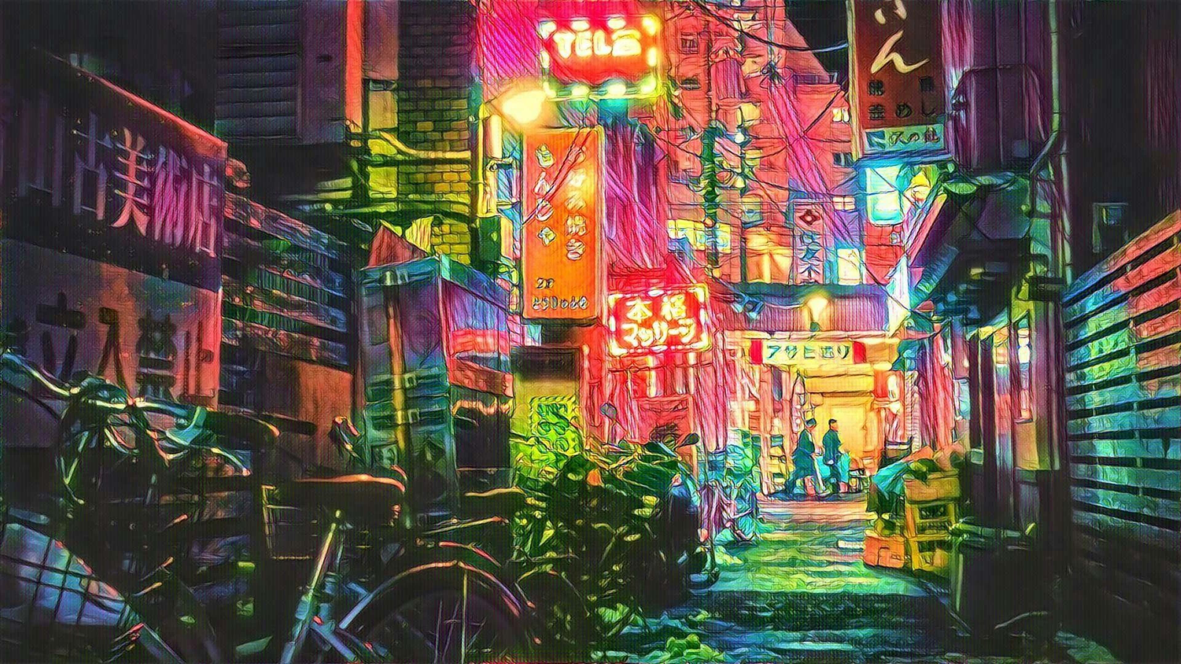 en neonlyst gyde med en cykel og et skilt Wallpapers