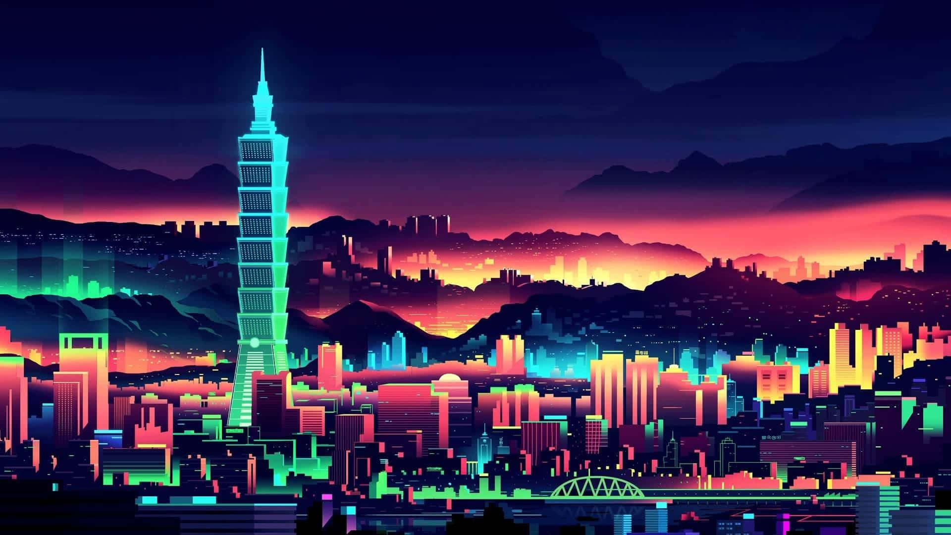 En oplyst futuristisk bysilhuet Wallpapers