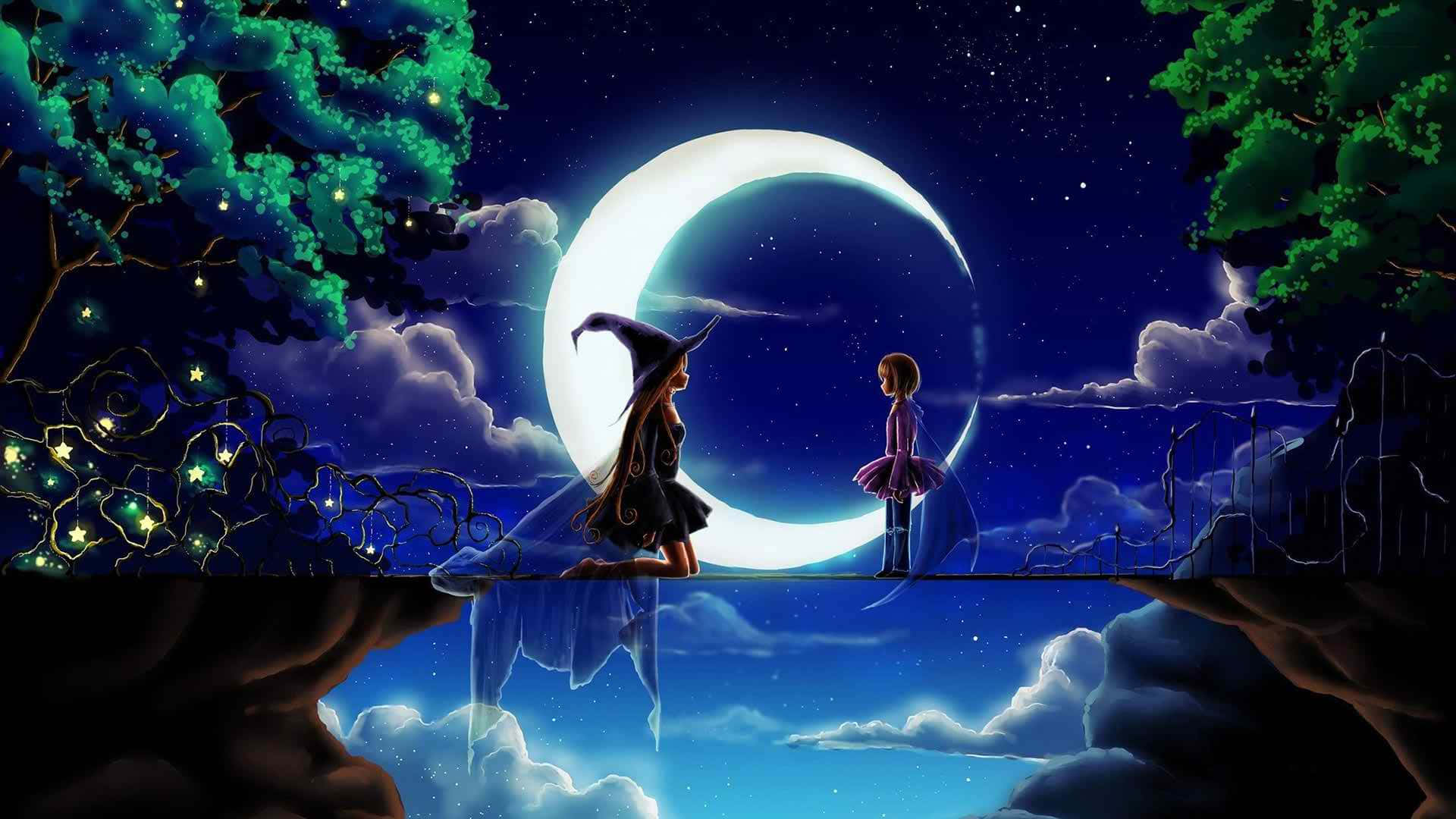 en pige og en dreng står på en bro om natten Wallpapers