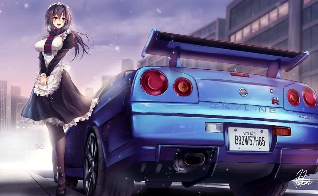 En pige står ved siden af en blå bil Wallpapers