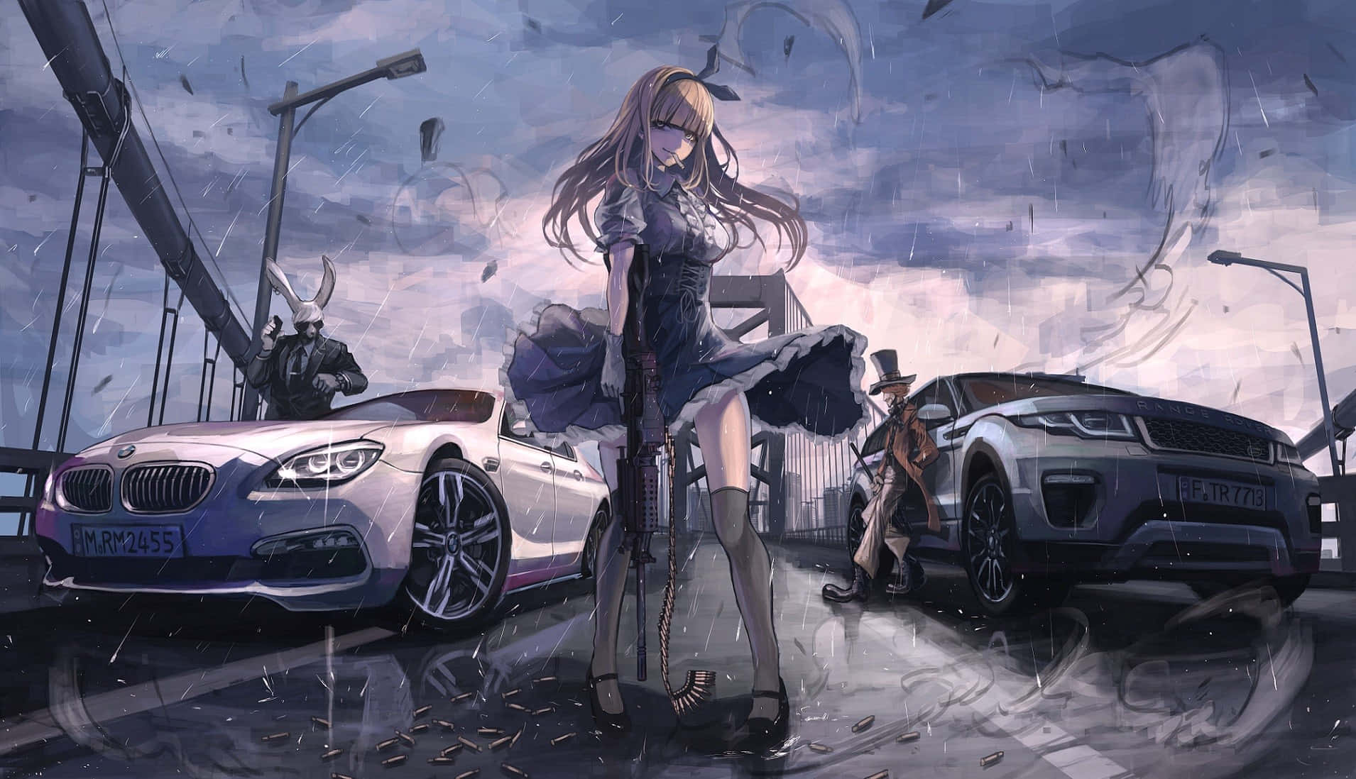 En pige står ved siden af en bil Wallpapers