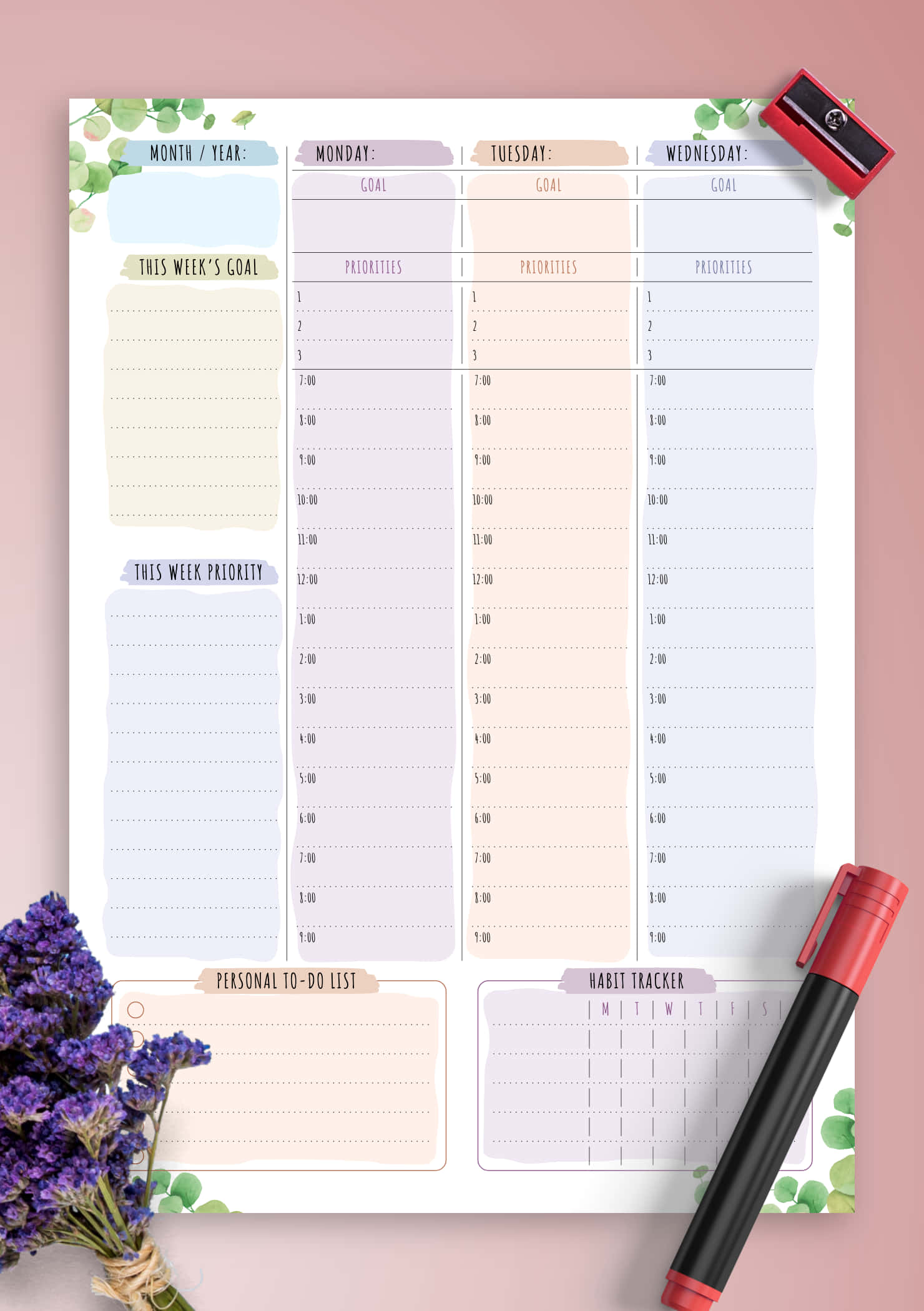 en printbar planner med lilla blomster og en kuglepen Wallpapers