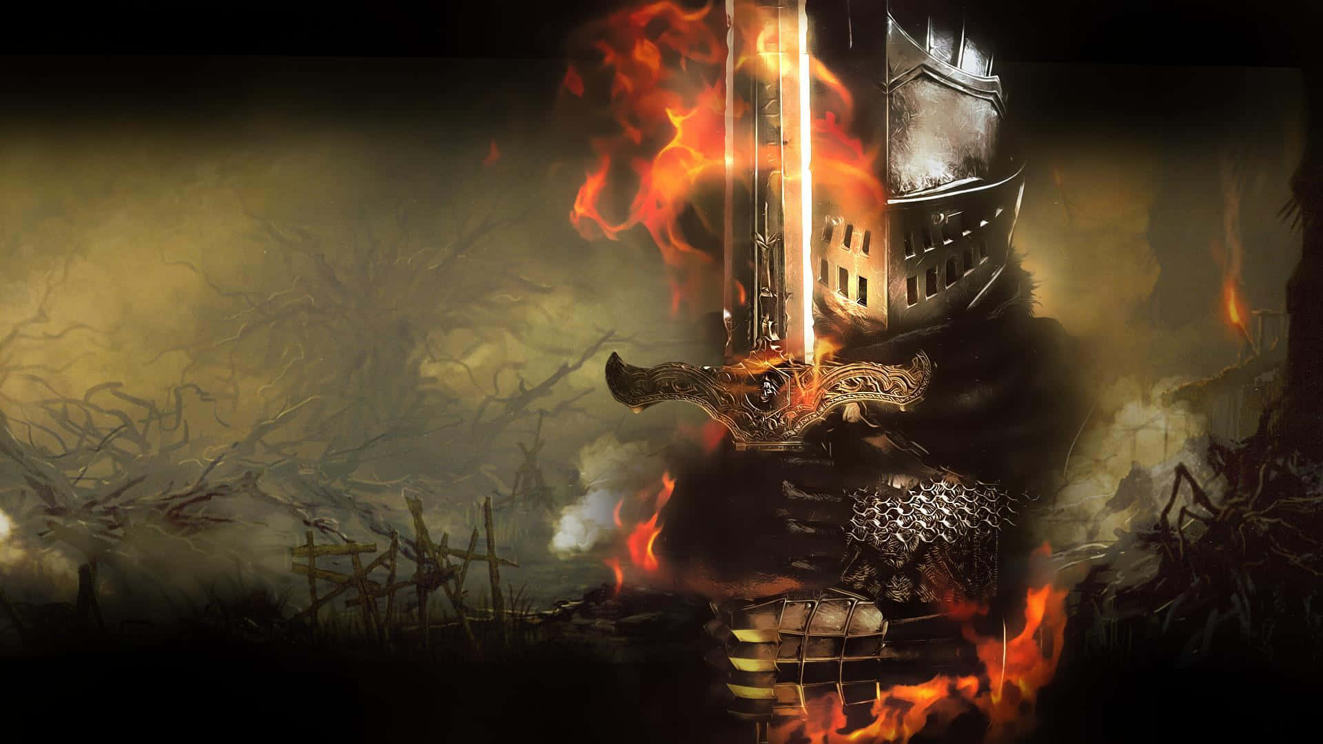 En ridder holder et sværd i ilden Wallpapers