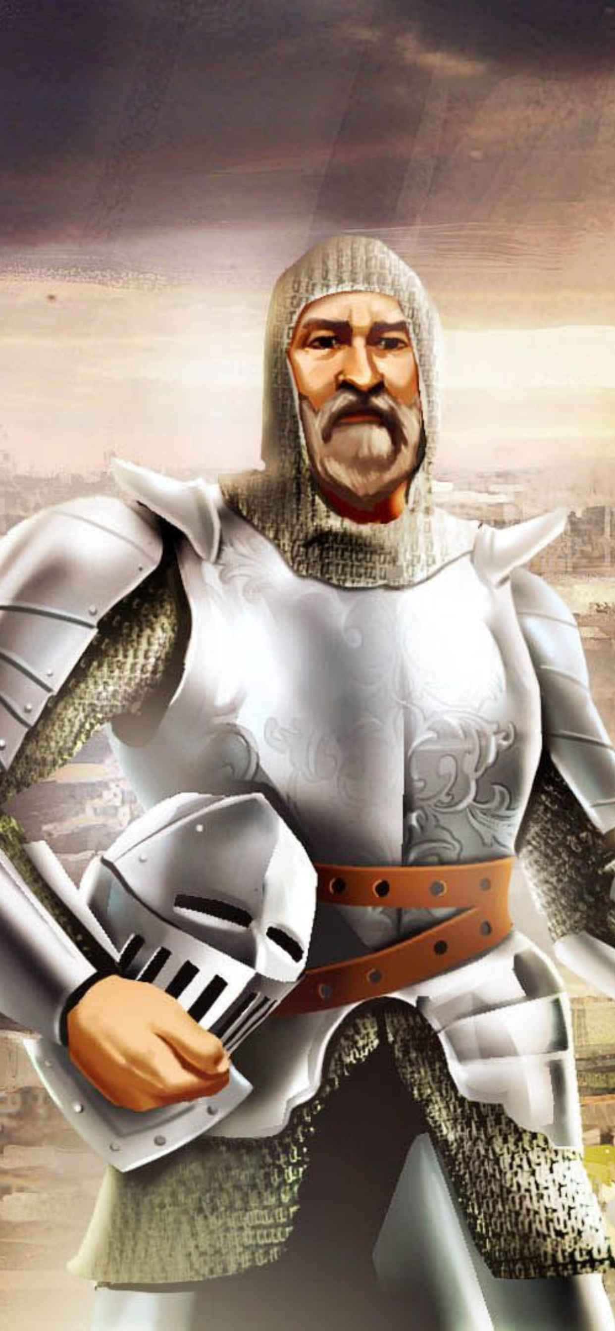 en ridder i rustning står foran en by Wallpapers