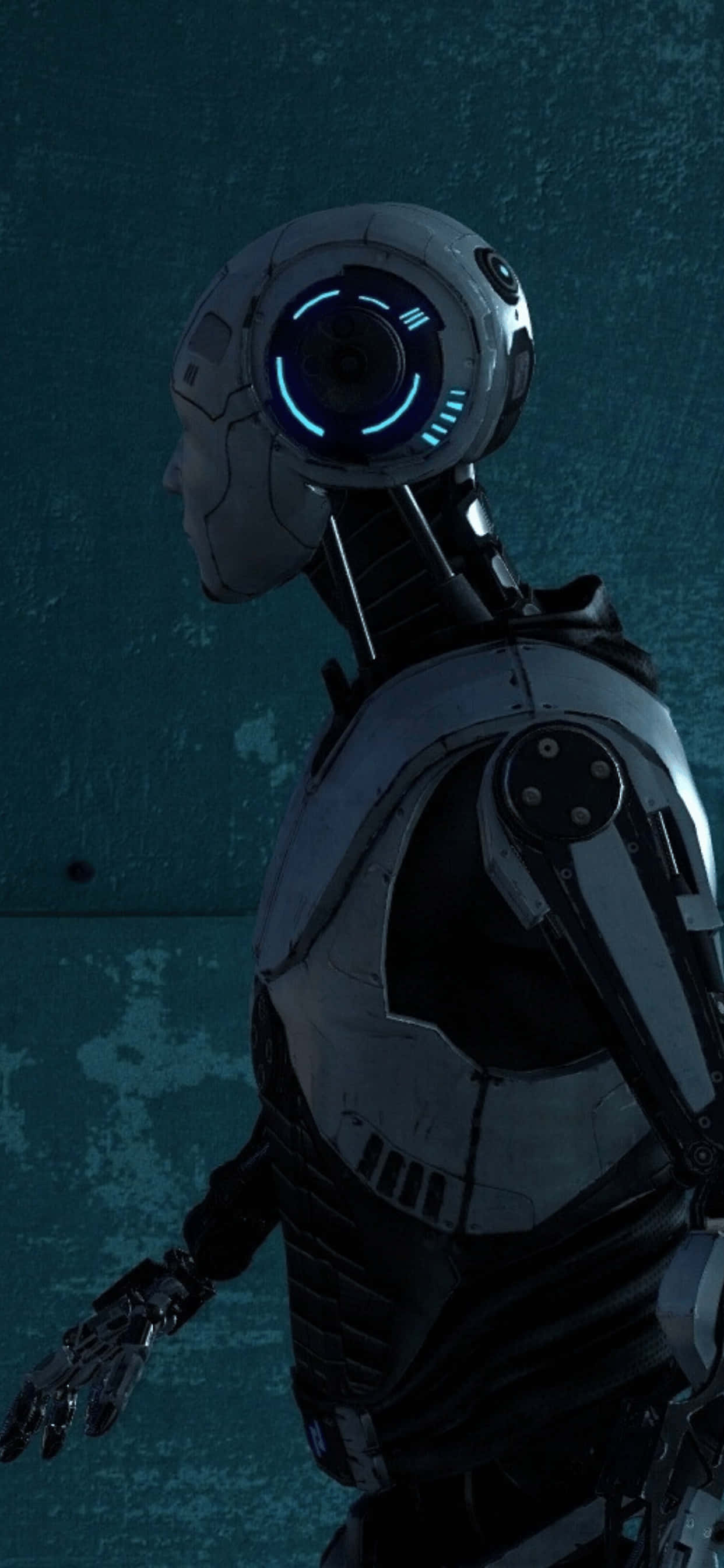 en robot med blå øjne står foran en blå væg Wallpapers