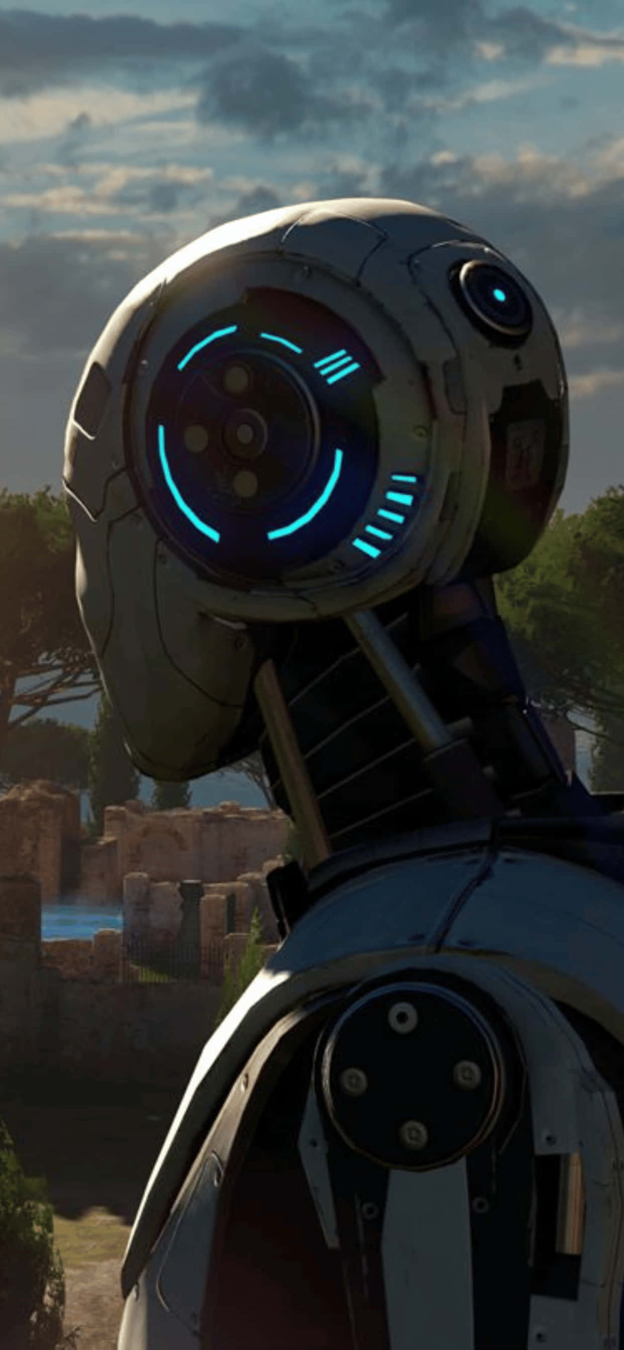 En robot står foran et træ Wallpapers