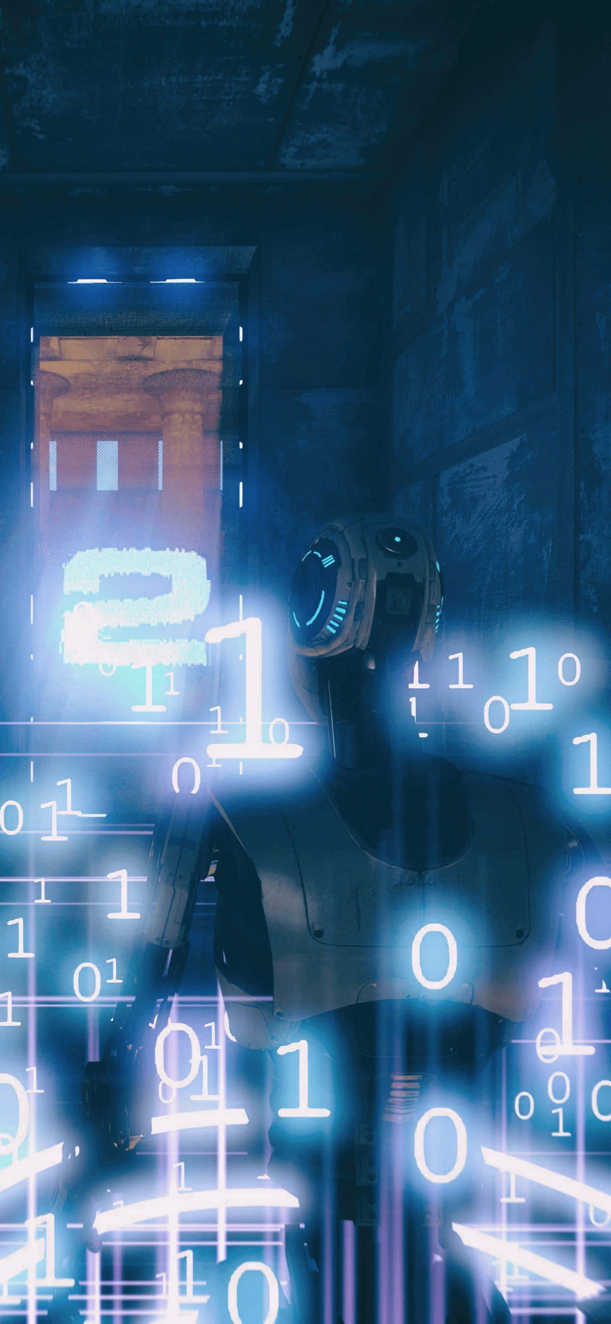 en robot står foran en computerskærm Wallpapers