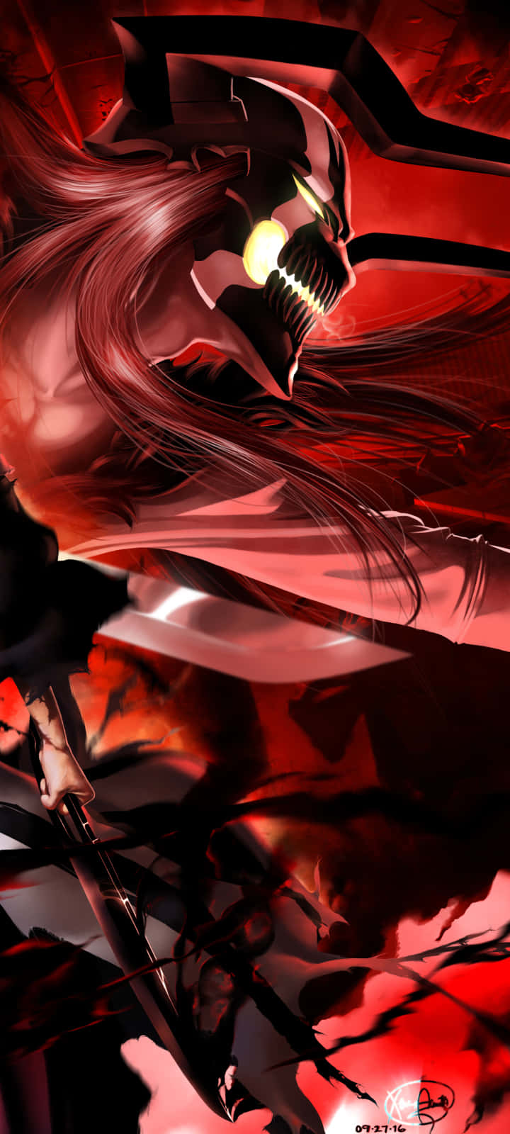 en rød og sort anime-figur med langt hår Wallpapers