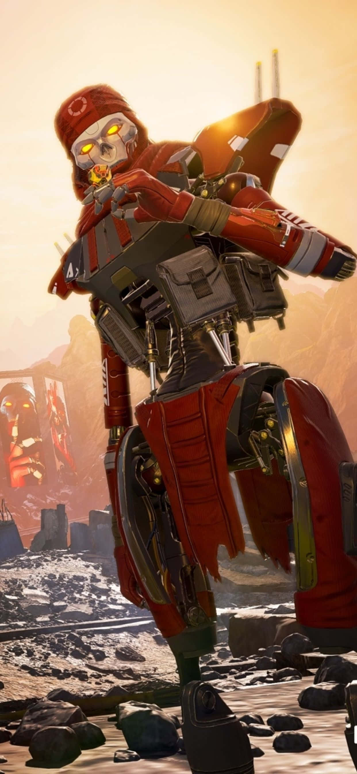 en rød robot står på en klippe Wallpapers