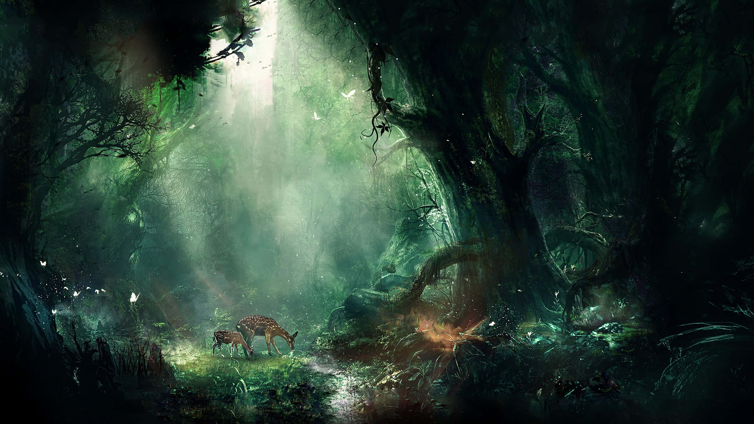 En rolig atmosfære af mørkegrønt omslutter rummet. Wallpapers