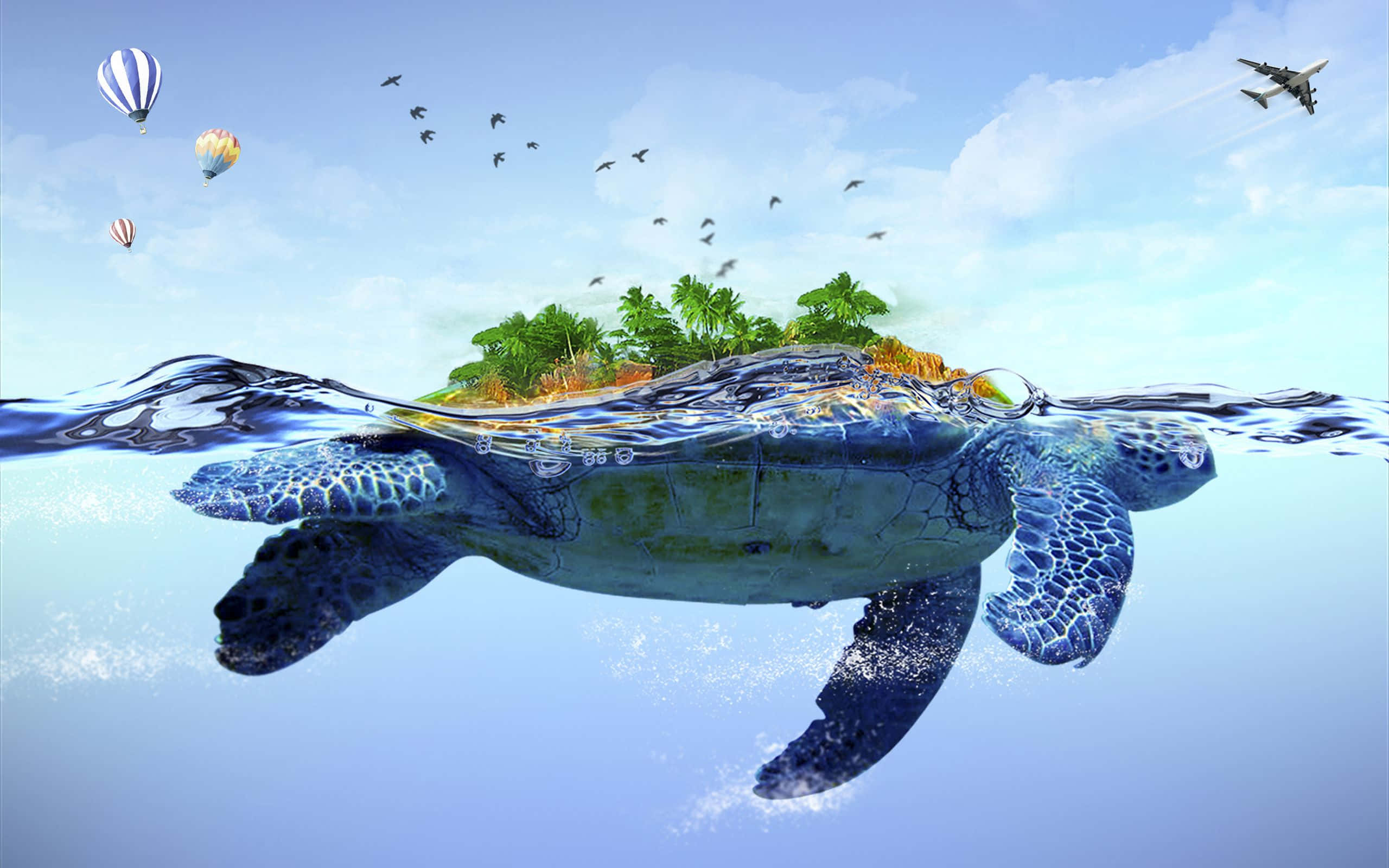 en skildpadde der svømmer i havet med et træ og balloner Wallpapers