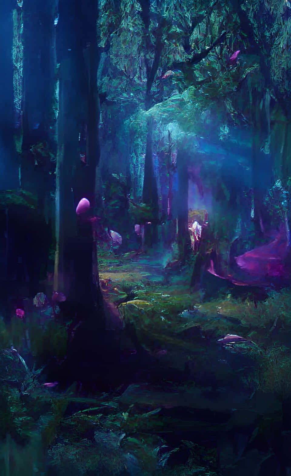 en skov med mange træer og mange lilla lys Wallpapers