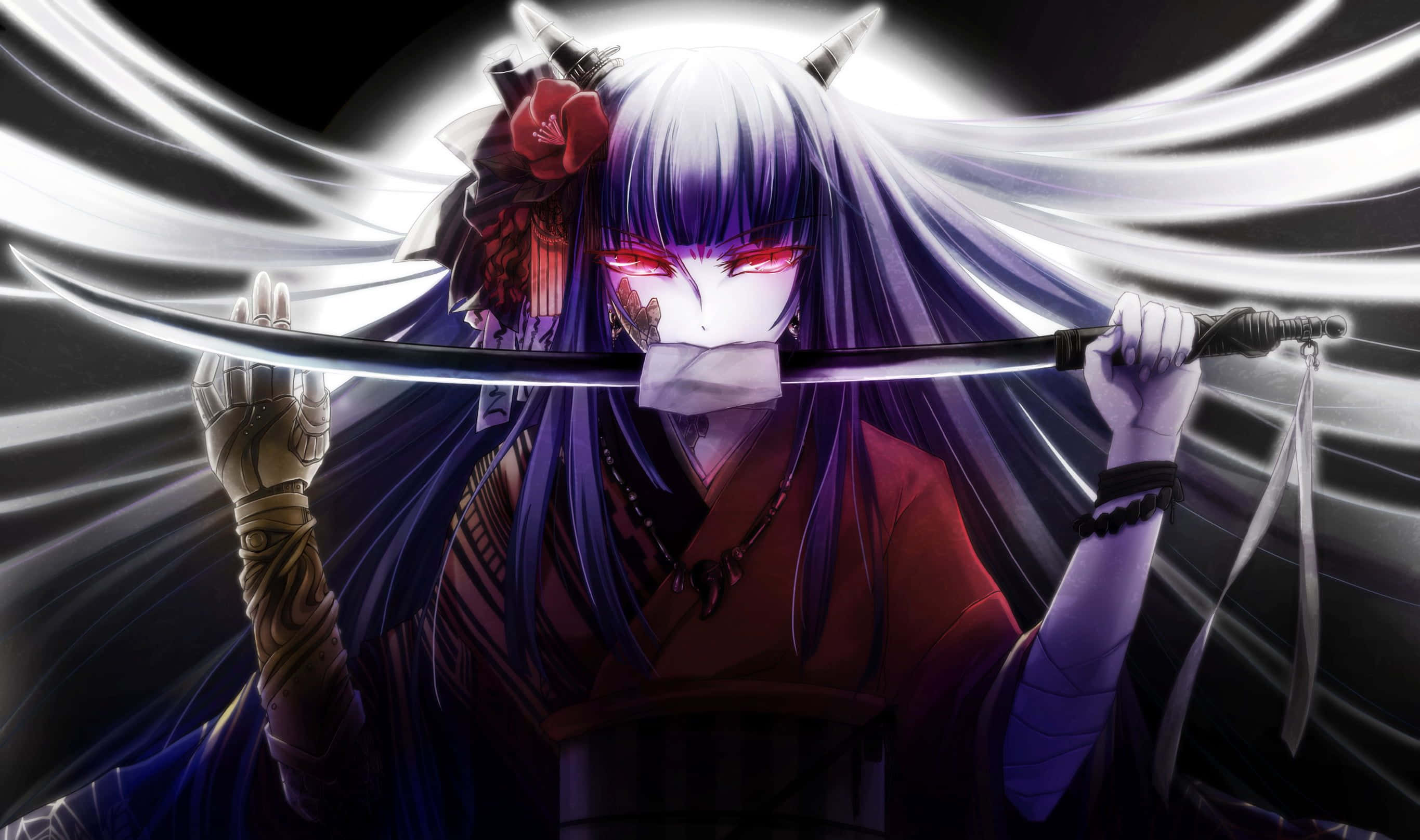 En skræmmende anime-dæmon stirrer intenst fra skyggerne Wallpapers