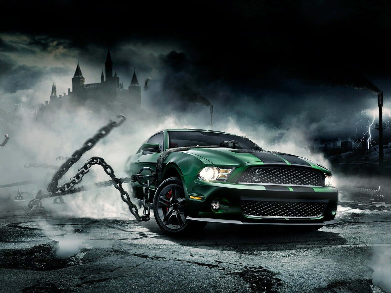 En slank og skinnende gul sportsvogn parkeret foran en stenmur. Wallpapers