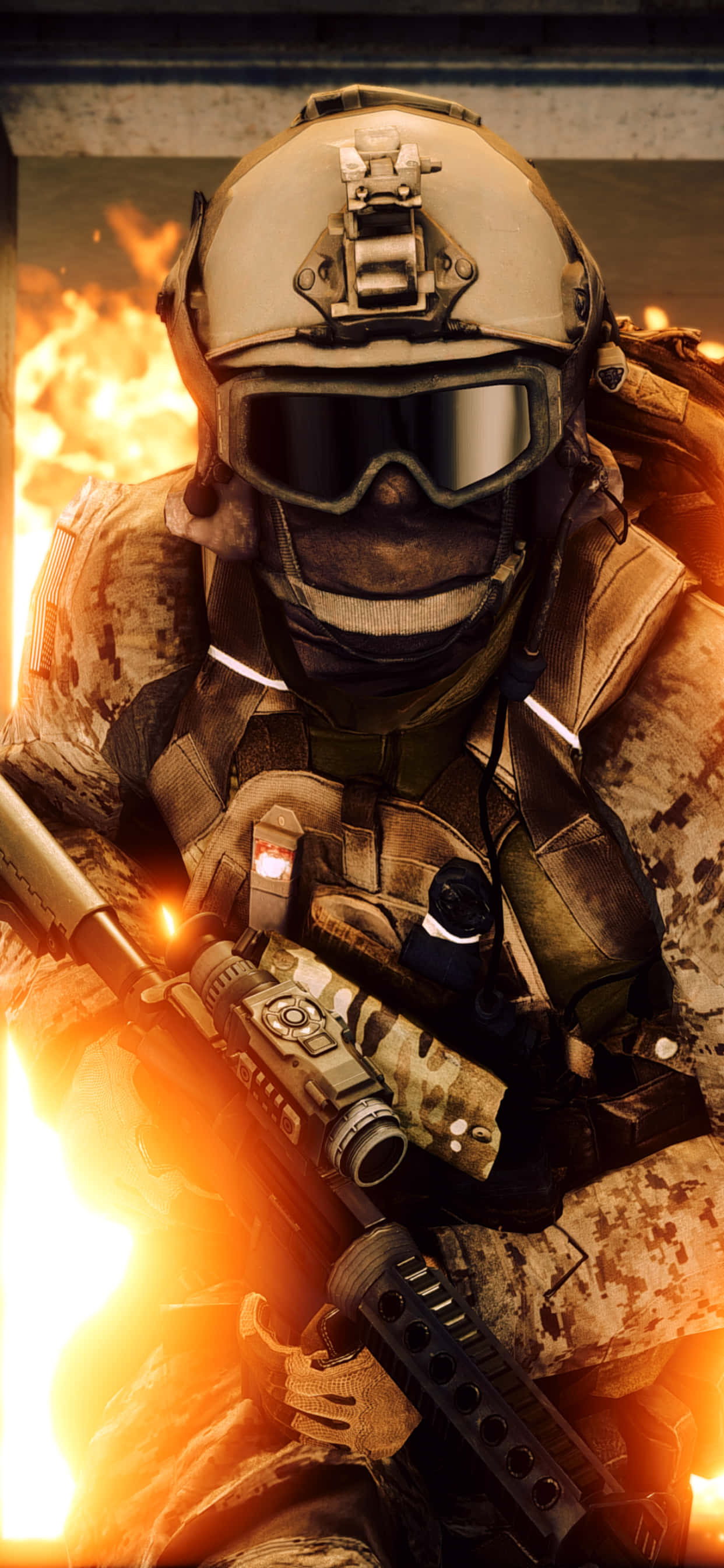en soldat, der holder en pistol foran en ild Wallpapers