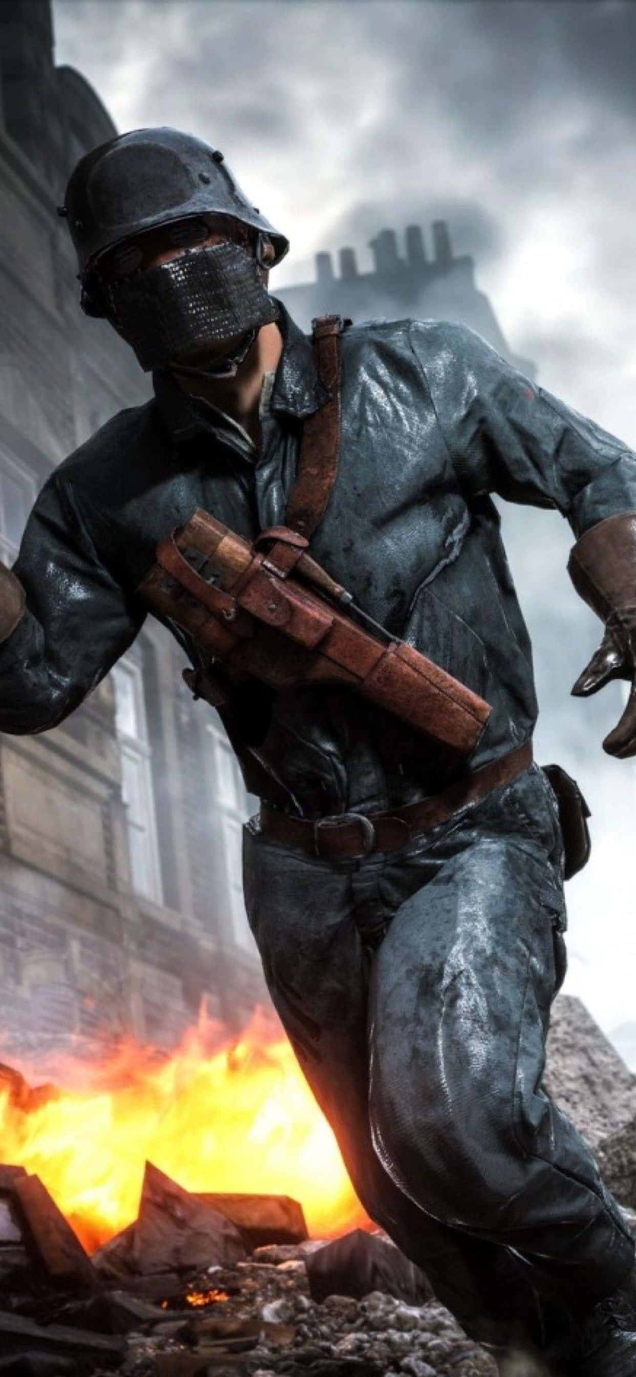 en soldat løber gennem en by med ild Wallpapers