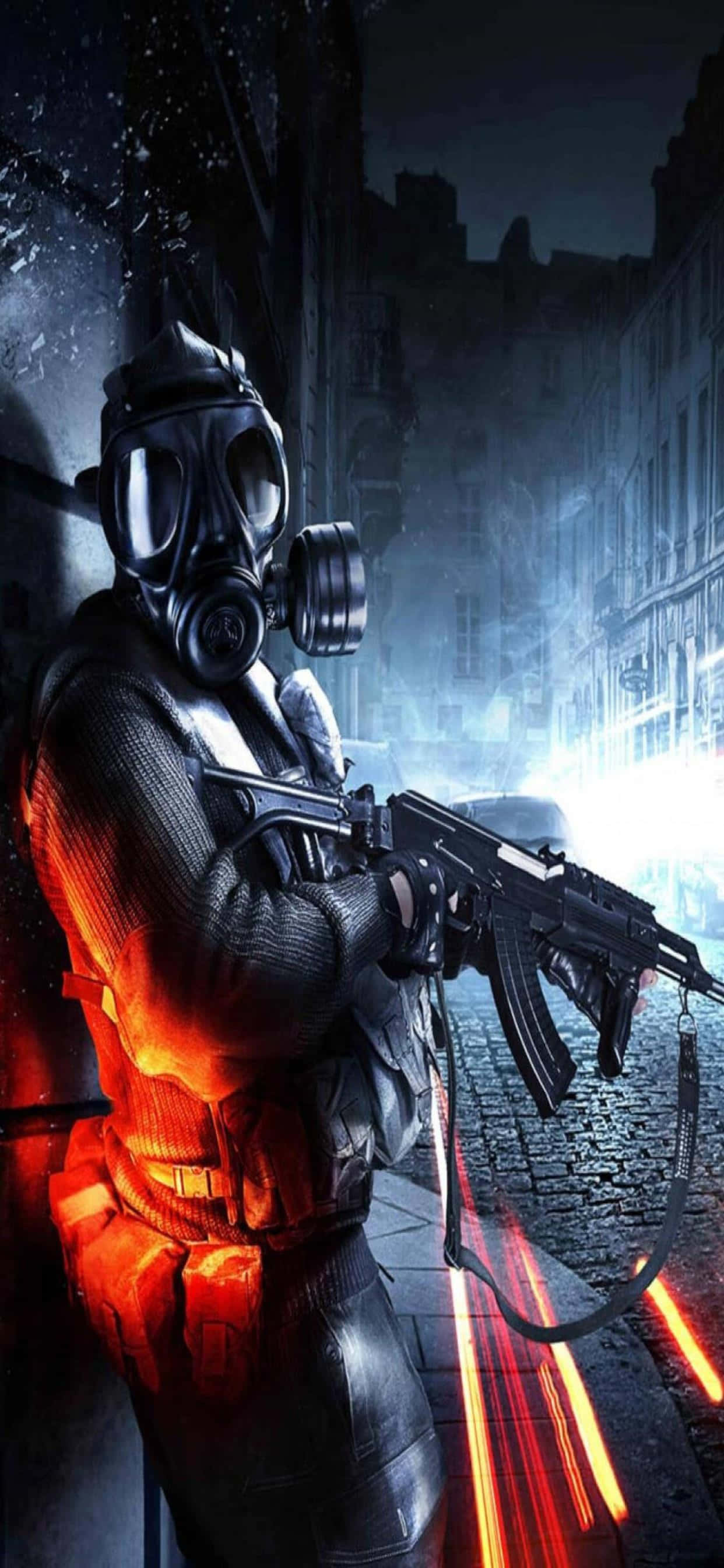 en soldat med en gasmaske og en pistol på gaden Wallpapers
