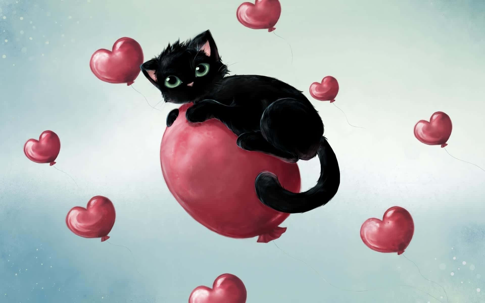 en sort kat siddende på en rød ballon med hjerter Wallpapers