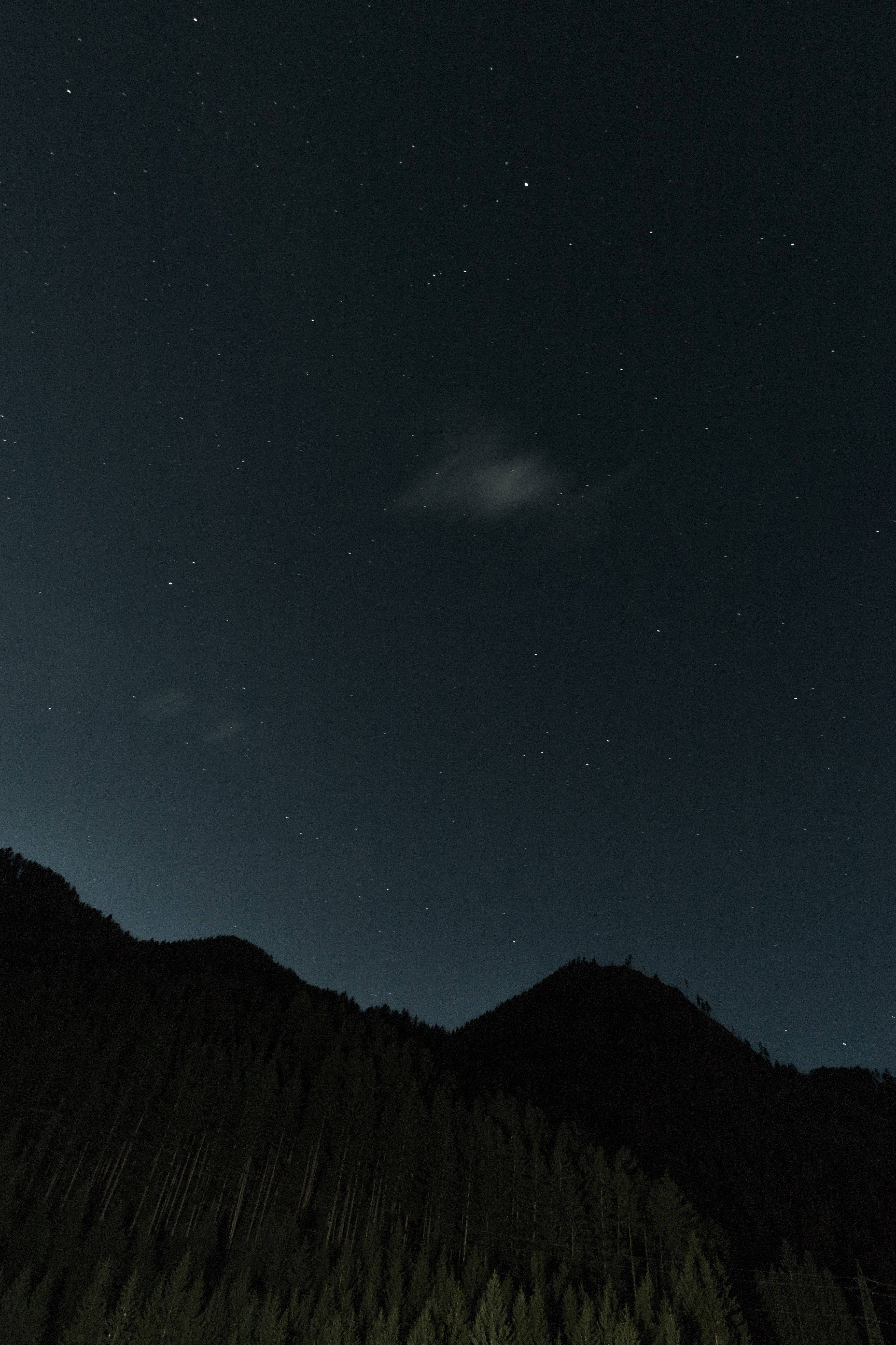 En svagt oplyst, stjernefyldt himmel over en betagende bjergsilhuet. Wallpapers