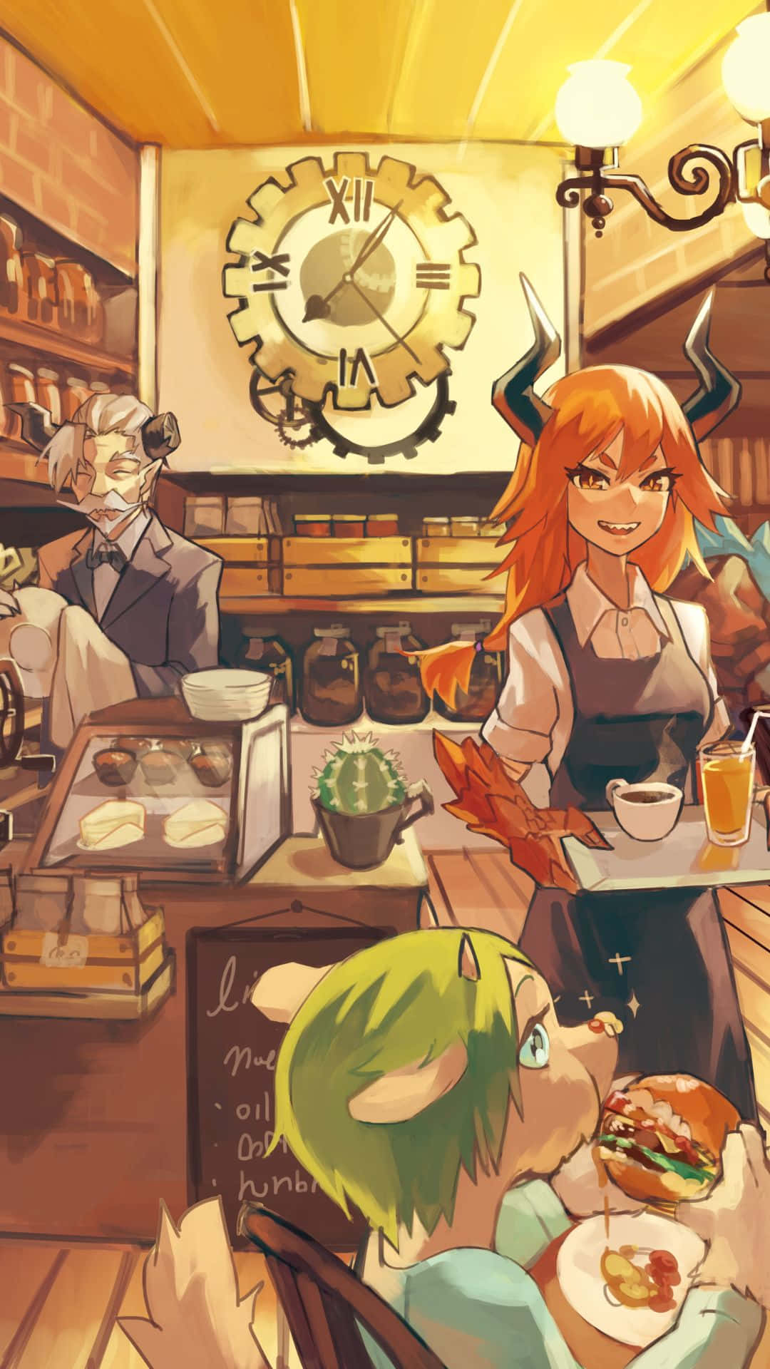 en tegneserie af en kvinde der serverer mad på en café Wallpapers