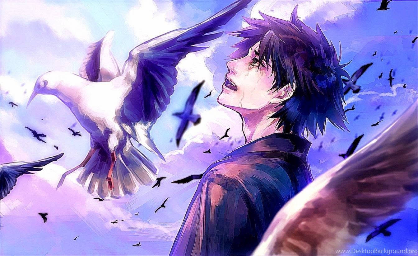 En trist anime-dreng, der ser en ensom flugt af fugle Wallpapers