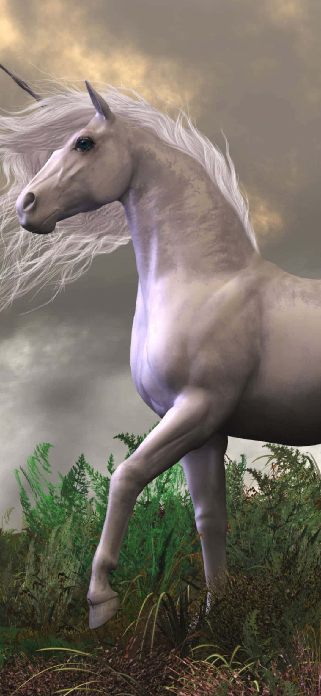 Enhjørning med hvidt flydende hår baggrund Wallpapers