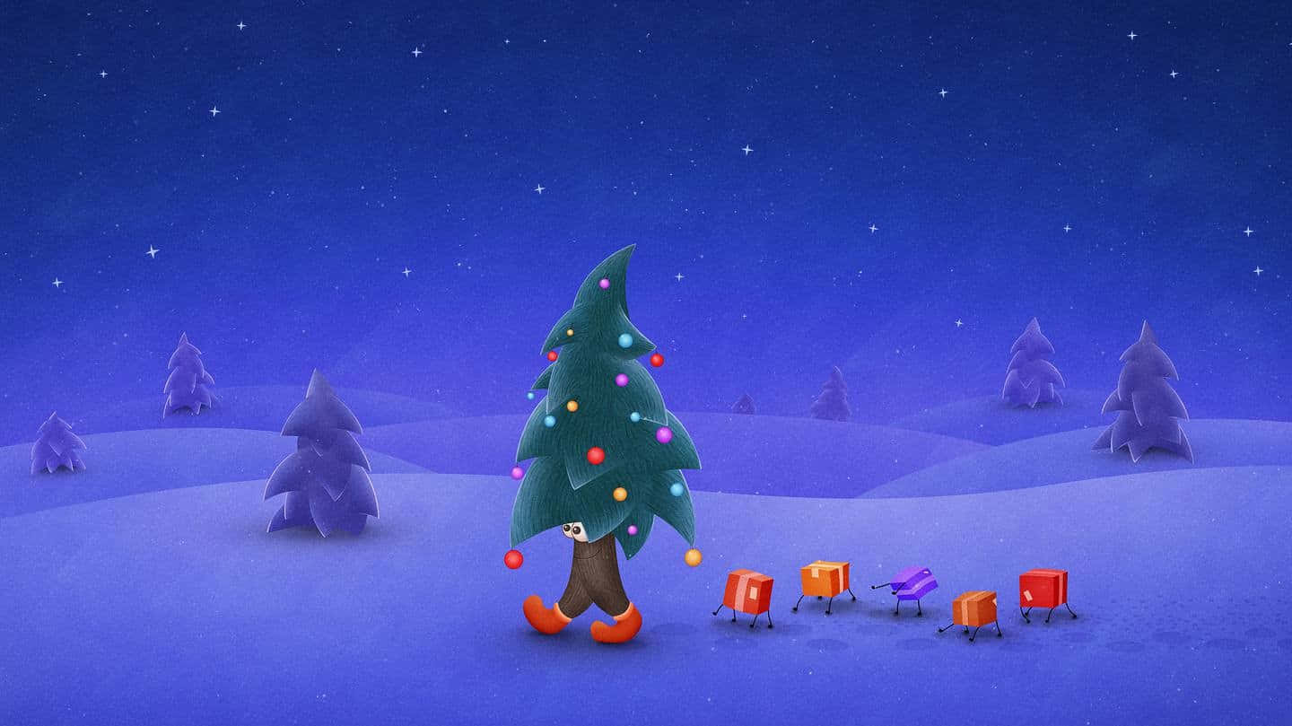 Enkel julebaggrund med festlige lys, et grantræ og en krans Wallpapers