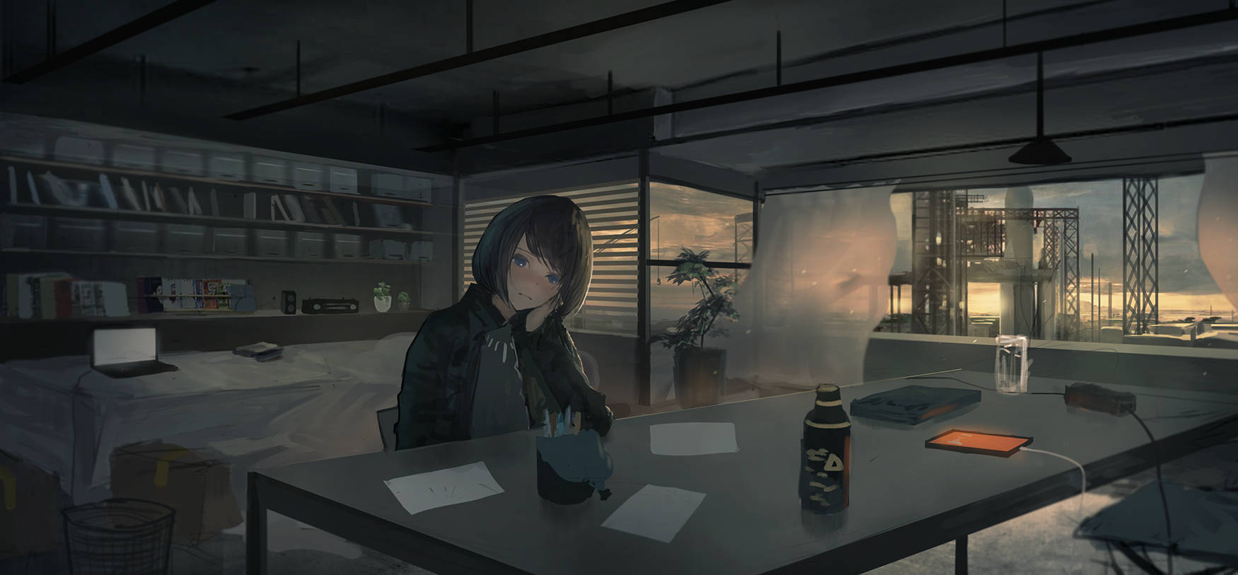 Ensom animepige sidder foroverbøjet ved laptopbord Wallpapers
