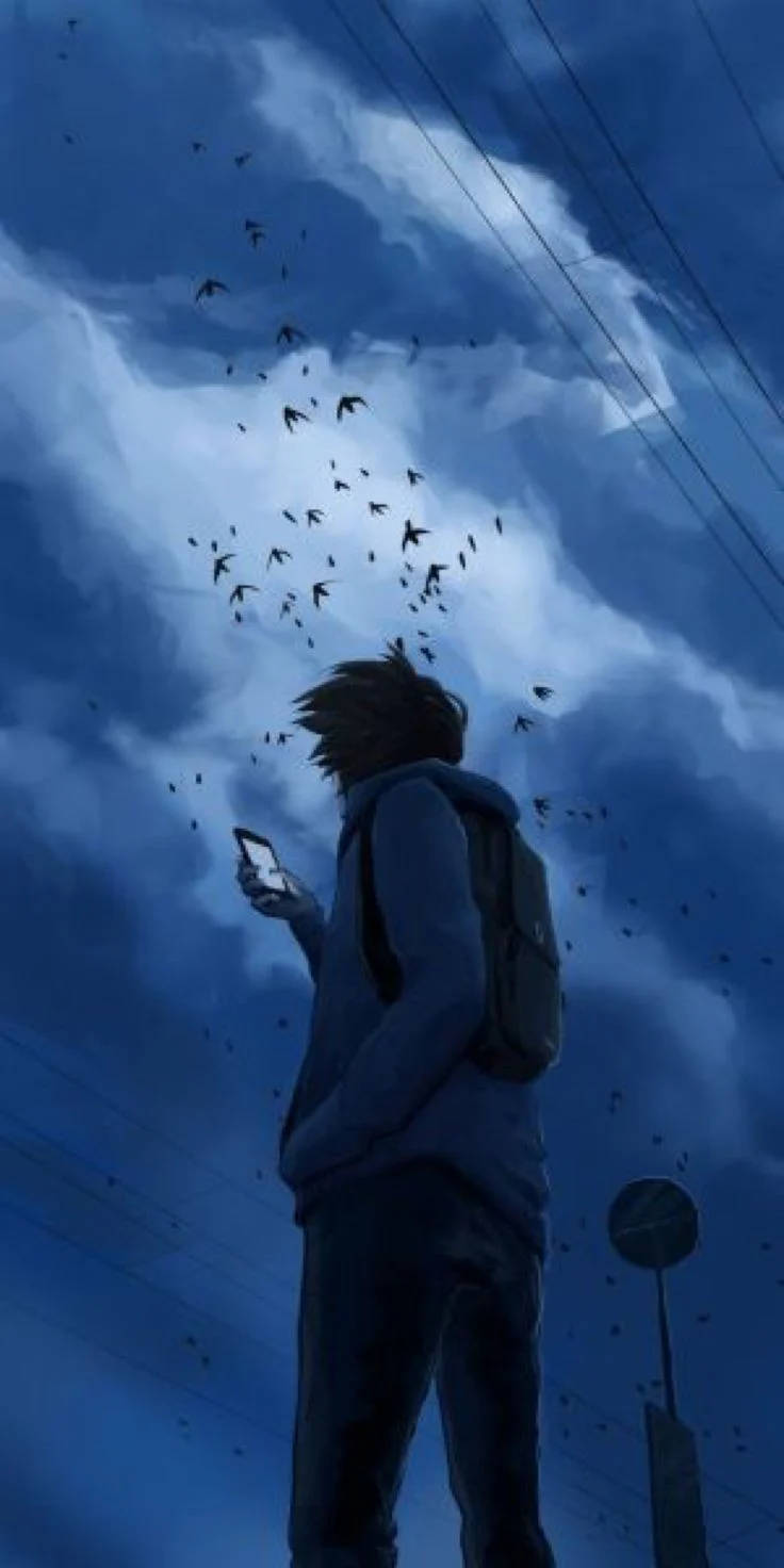 Ensom dreng anime under en mørk himmel Wallpapers
