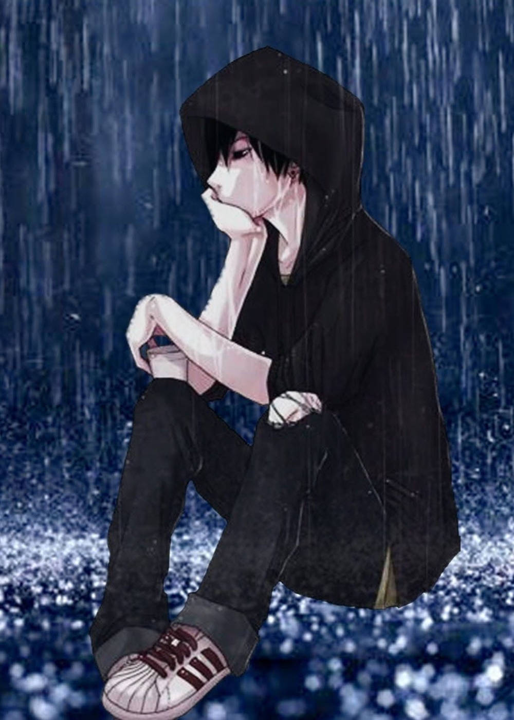 Ensomme triste anime-drenge i sort hættetrøje Wallpapers