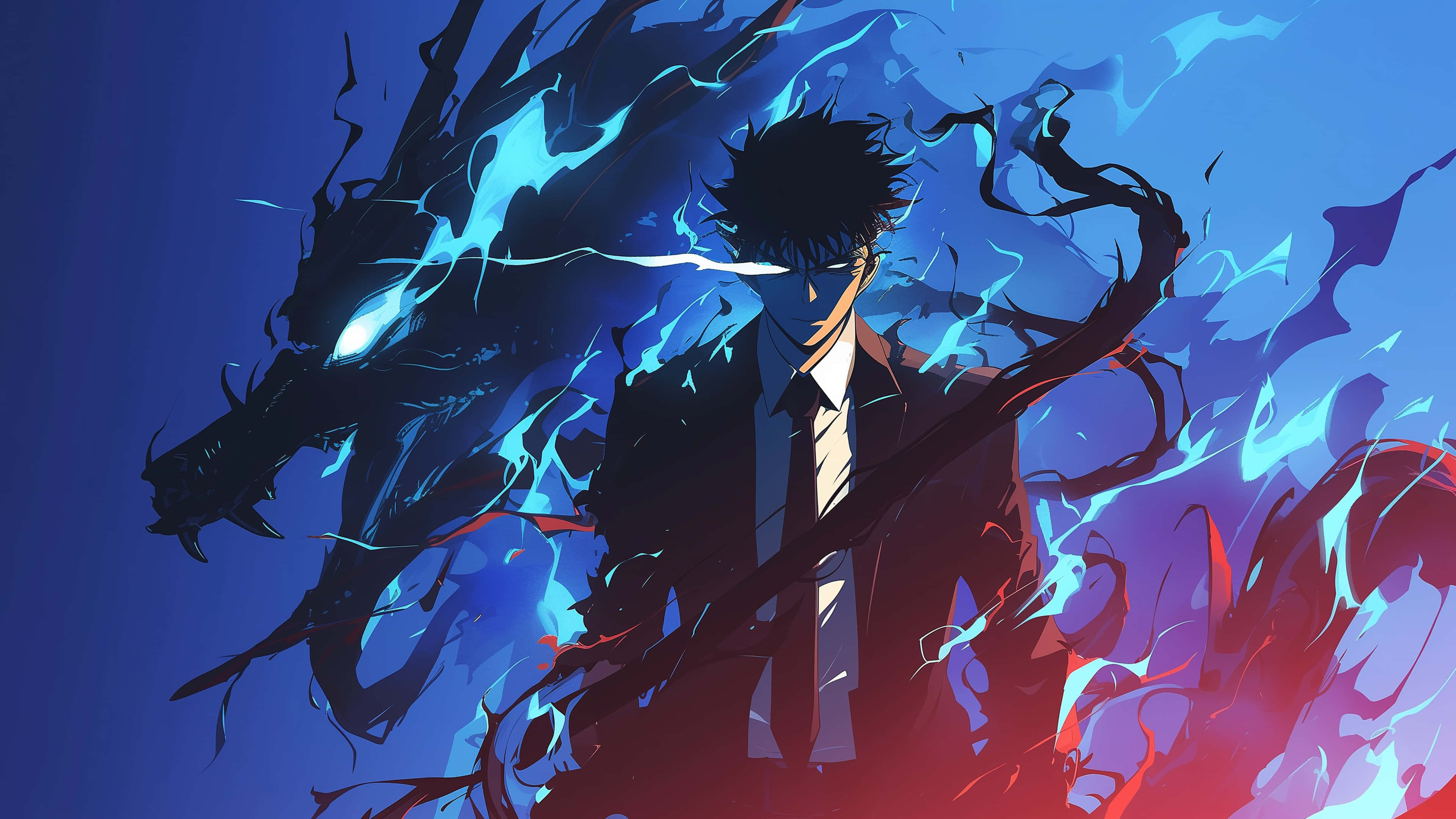 Episk anime-dreng med blå lyn-aura 4K Wallpapers