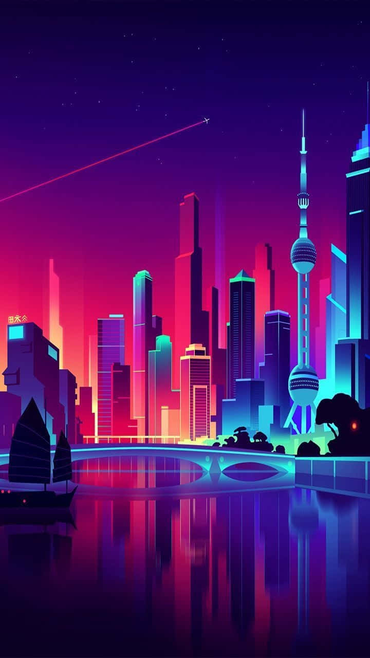 et bybillede med neonlys og en båd Wallpapers