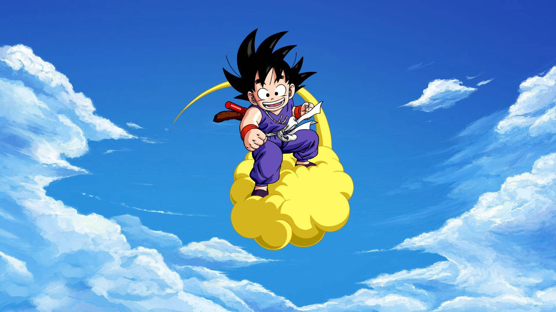 Baggrundsbillede af den unge Son Goku, der rider på sin flyvende nimbus. — Goku Wallpapers