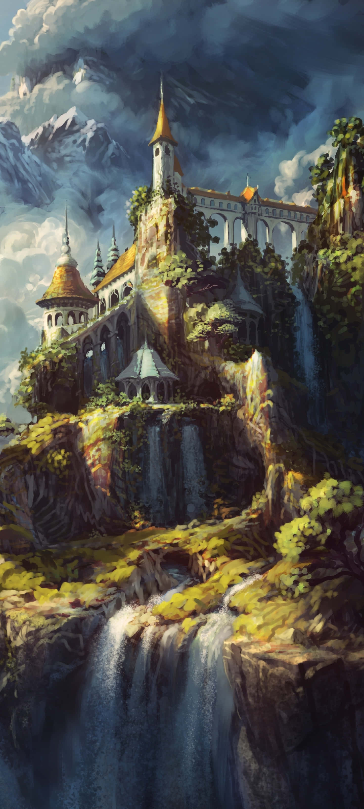 et fantasyslot på et bjerg med vandfald Wallpapers
