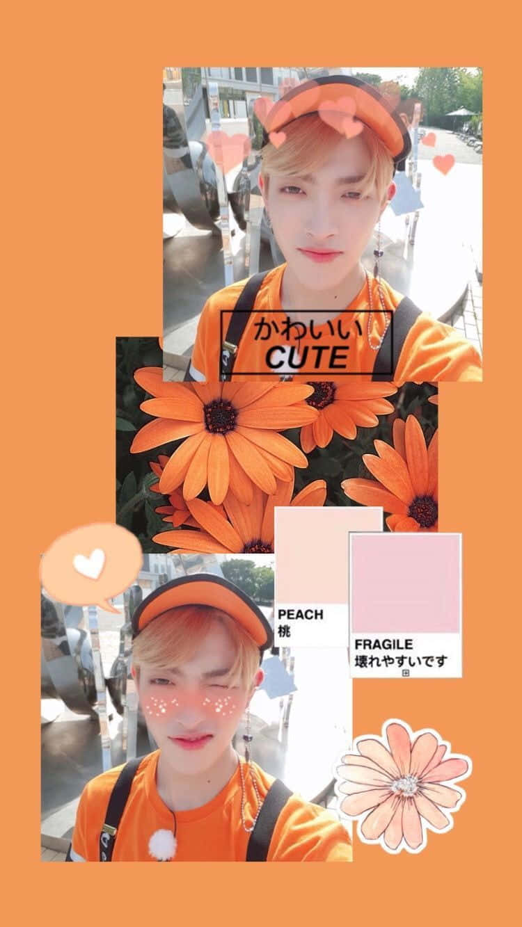 et foto af en mand med en orange skjorte og blomster Wallpapers