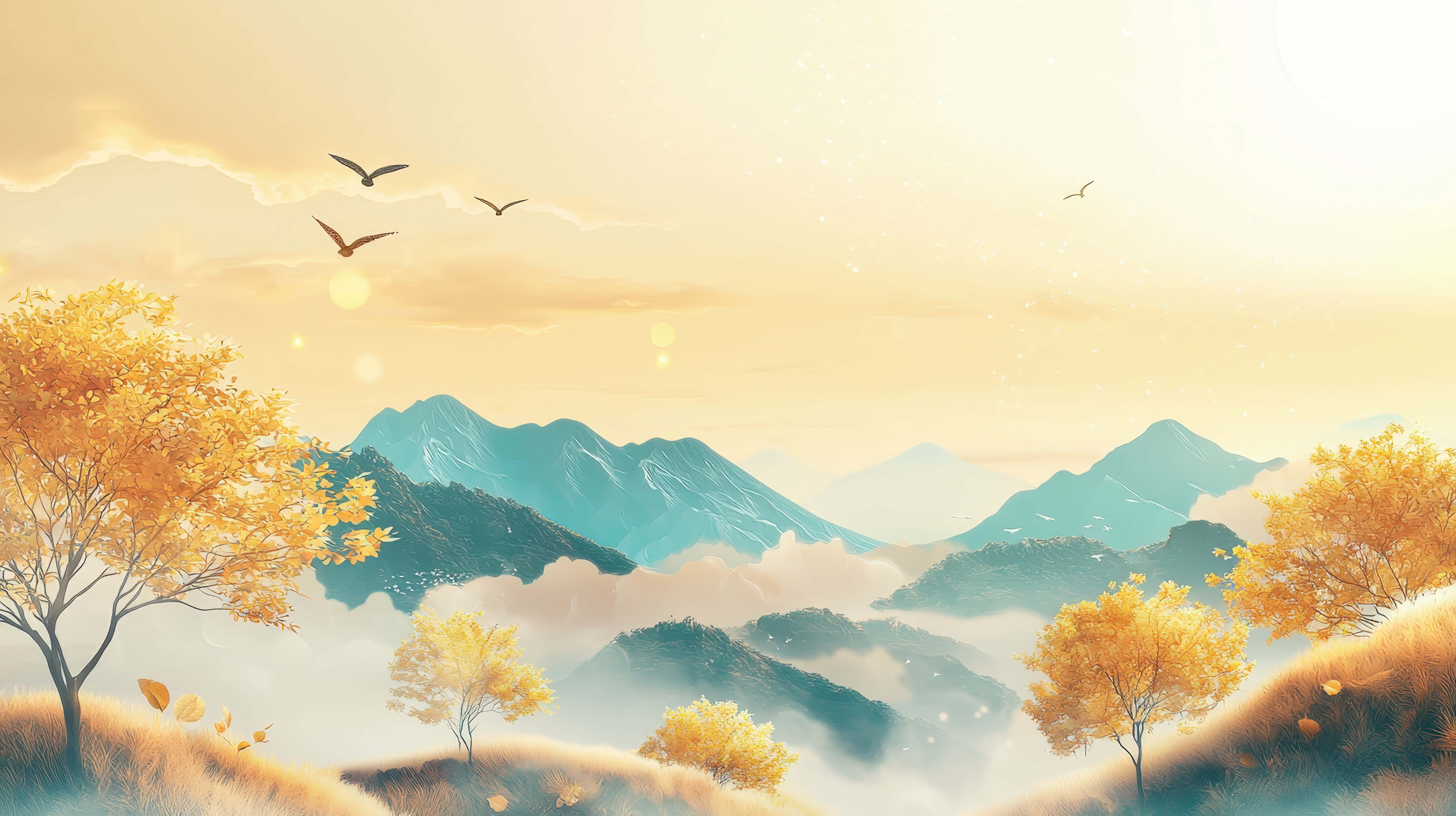 Et fredeligt efterårslandskab med gyldne træer, tågede bjerge og svævende fugle Wallpapers
