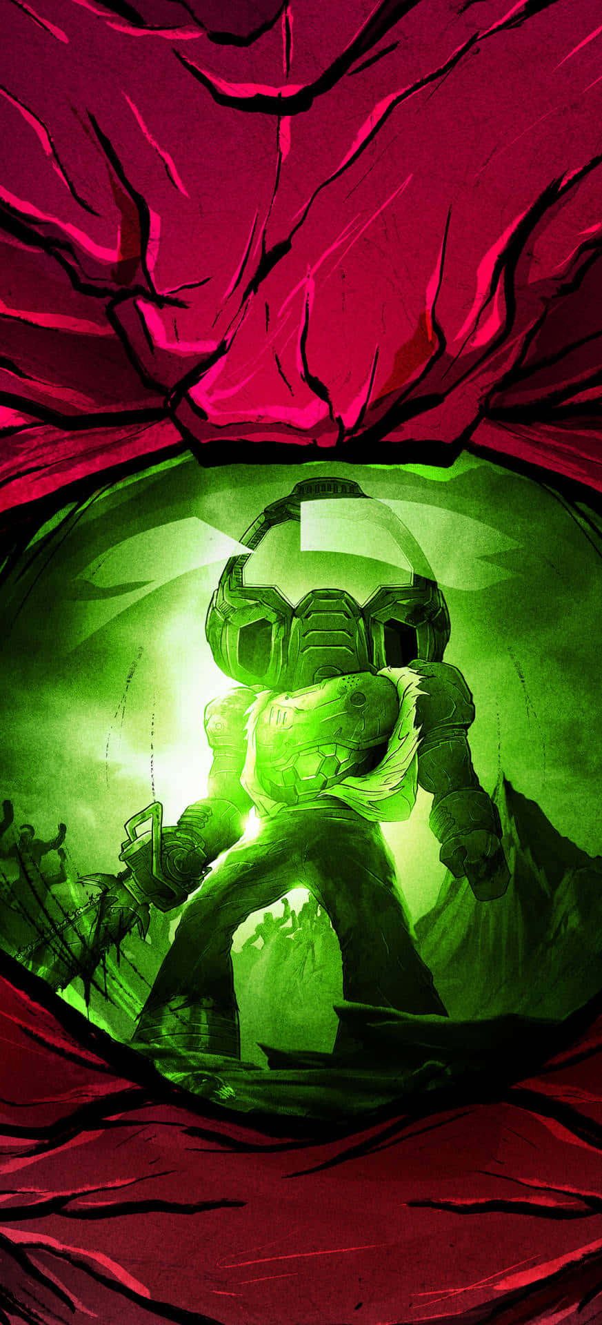 et grønt og rødt billede af en mand i en rød dragt Wallpapers