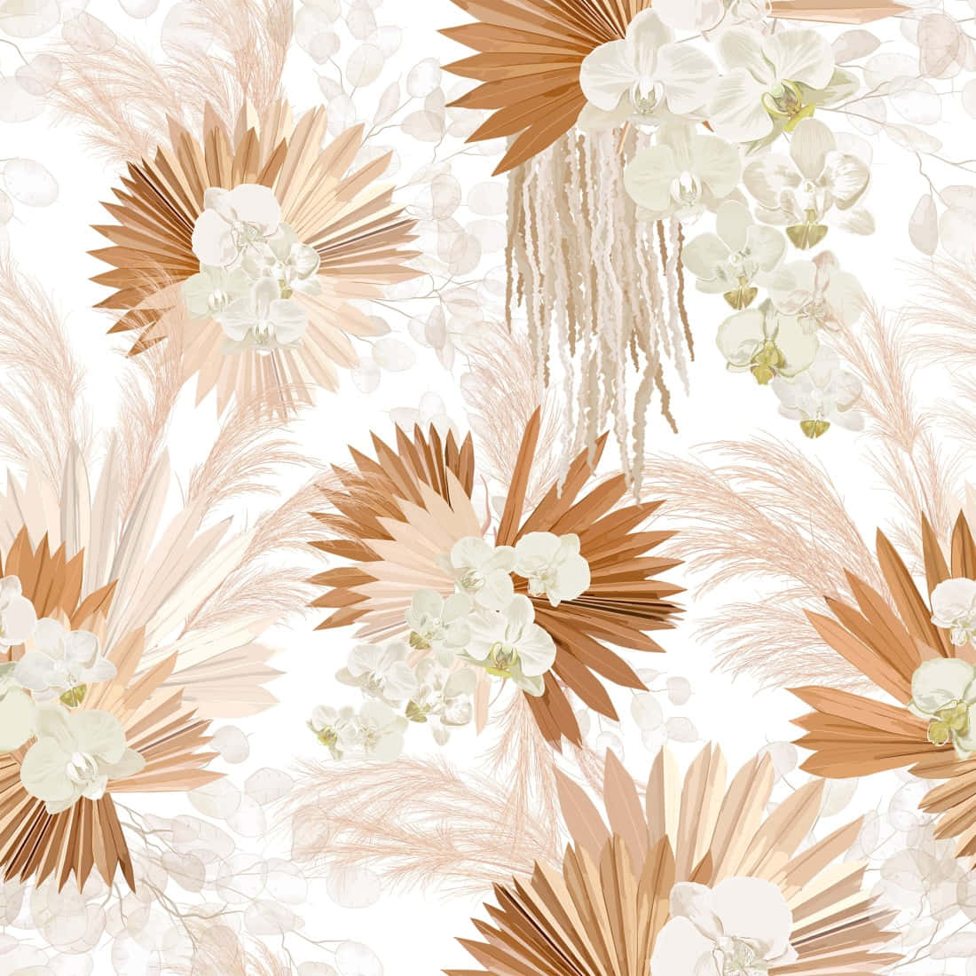 et hvidt og brunt blomstermønster med blomster og blade Wallpapers