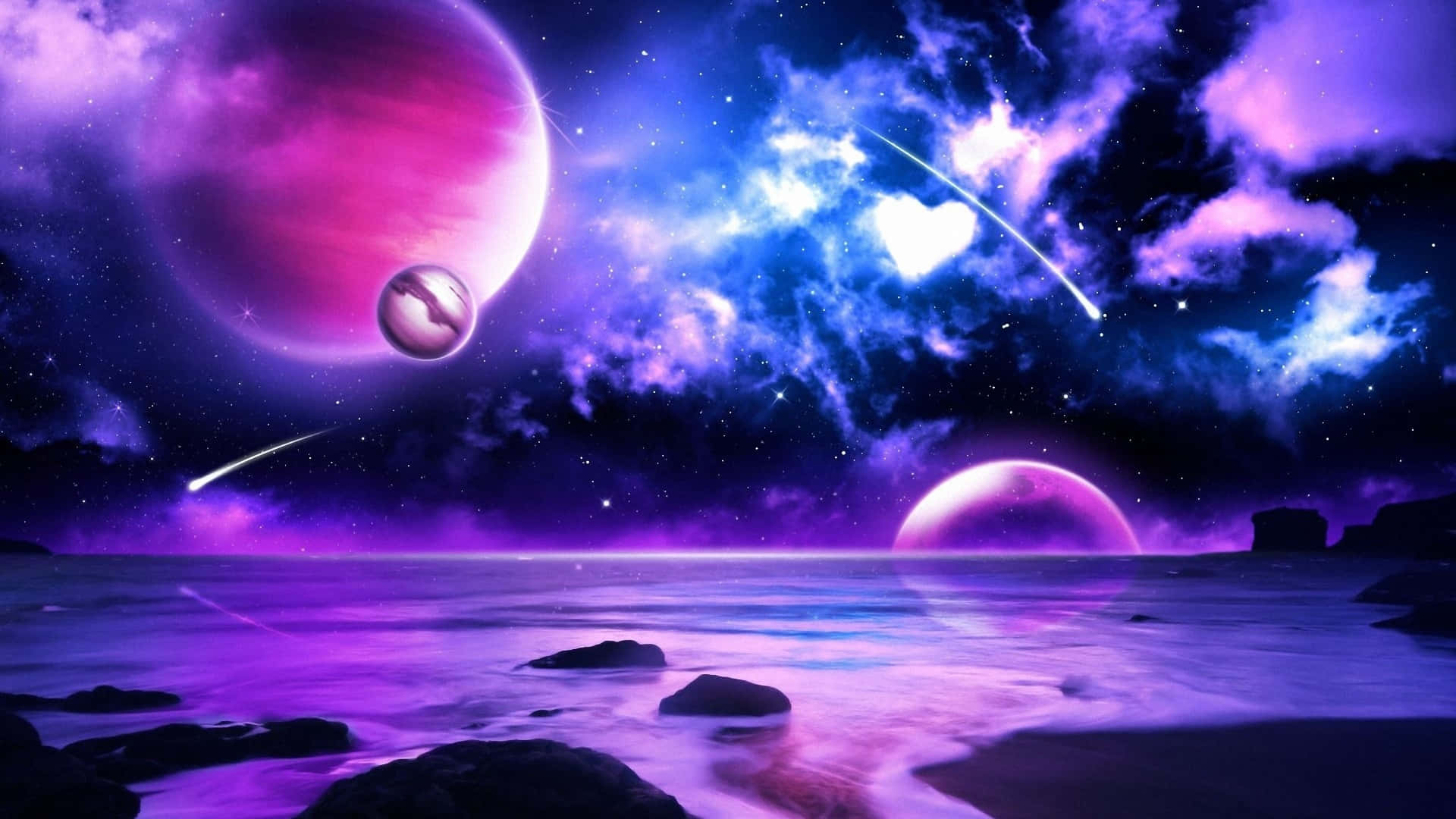 Et lilla og blåt rum med planeter og stjerner Wallpapers