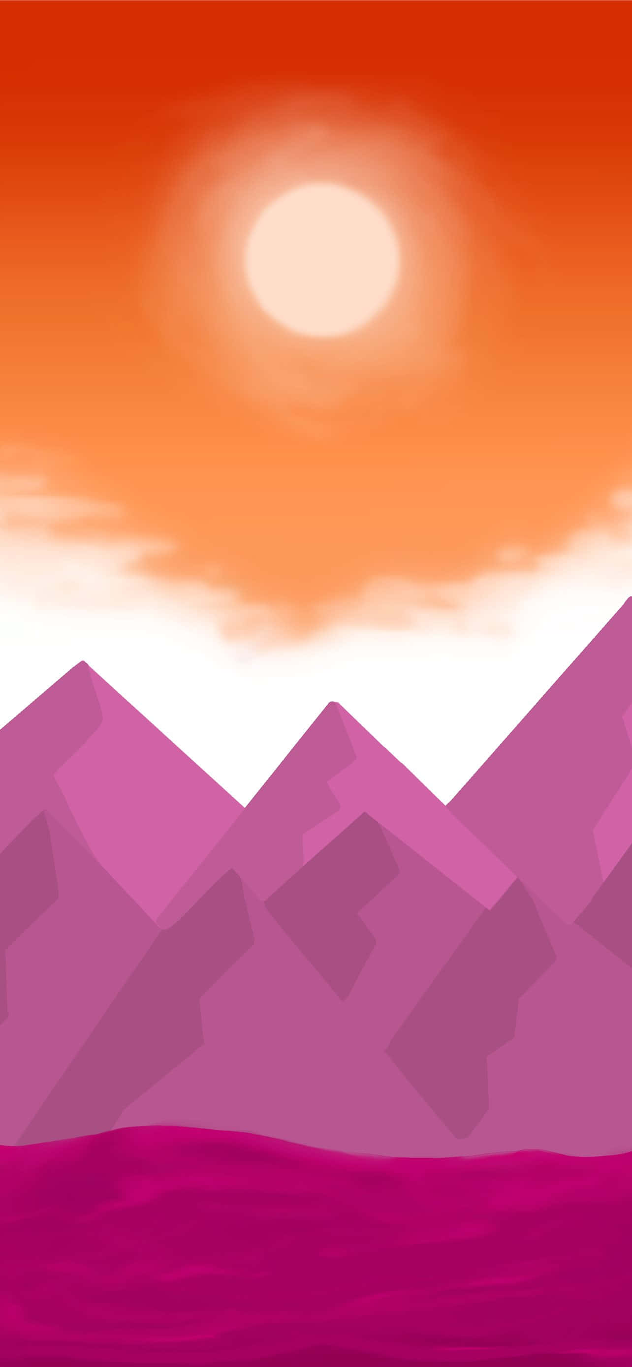 Et lilla og lyserødt bjerglandskab med en sol Wallpapers