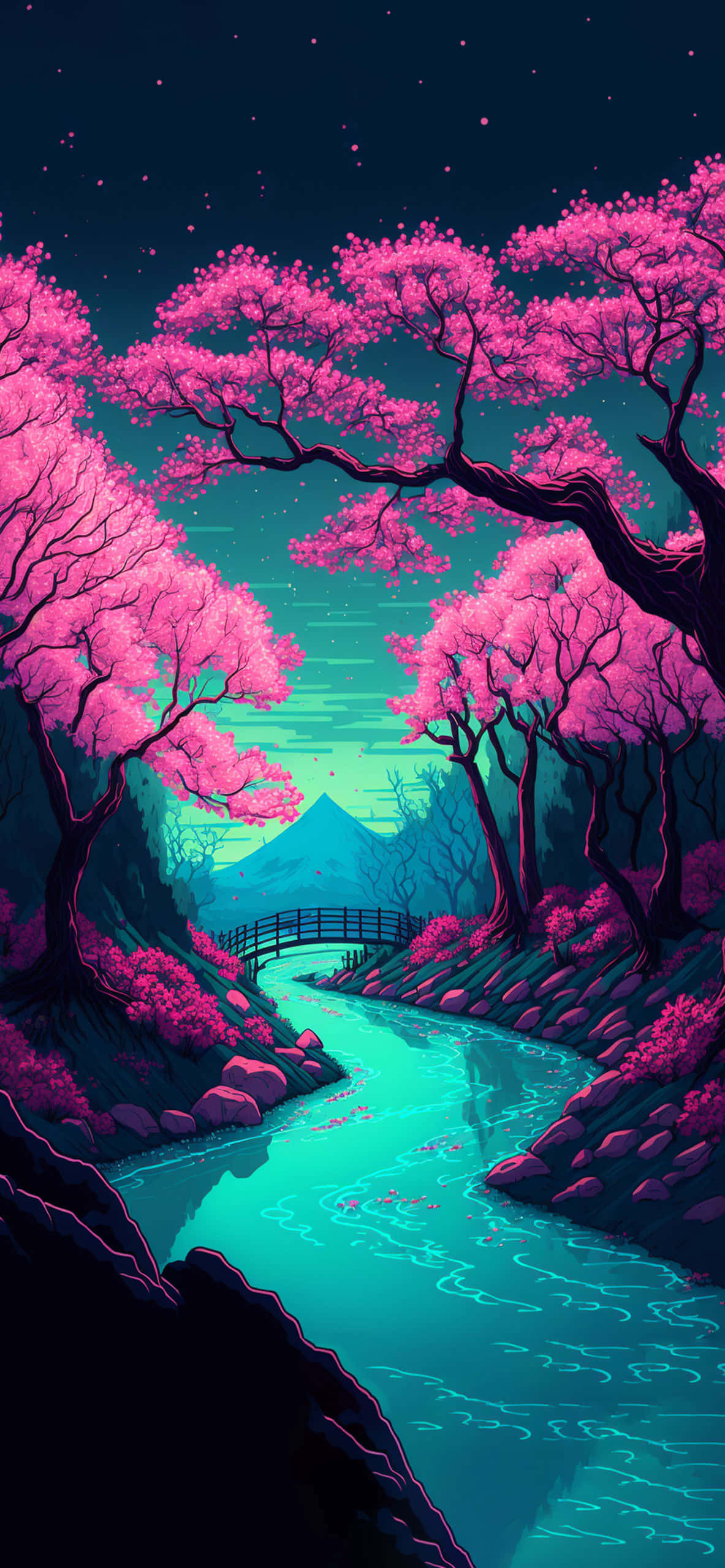 et lyserødt træ med en flod i baggrunden Wallpapers