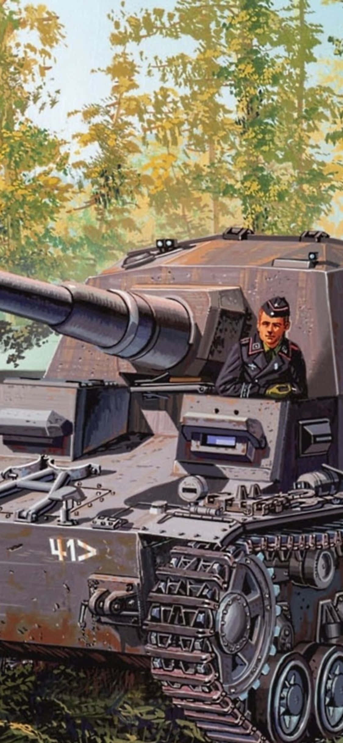 et maleri af en kampvogn i skoven Wallpapers