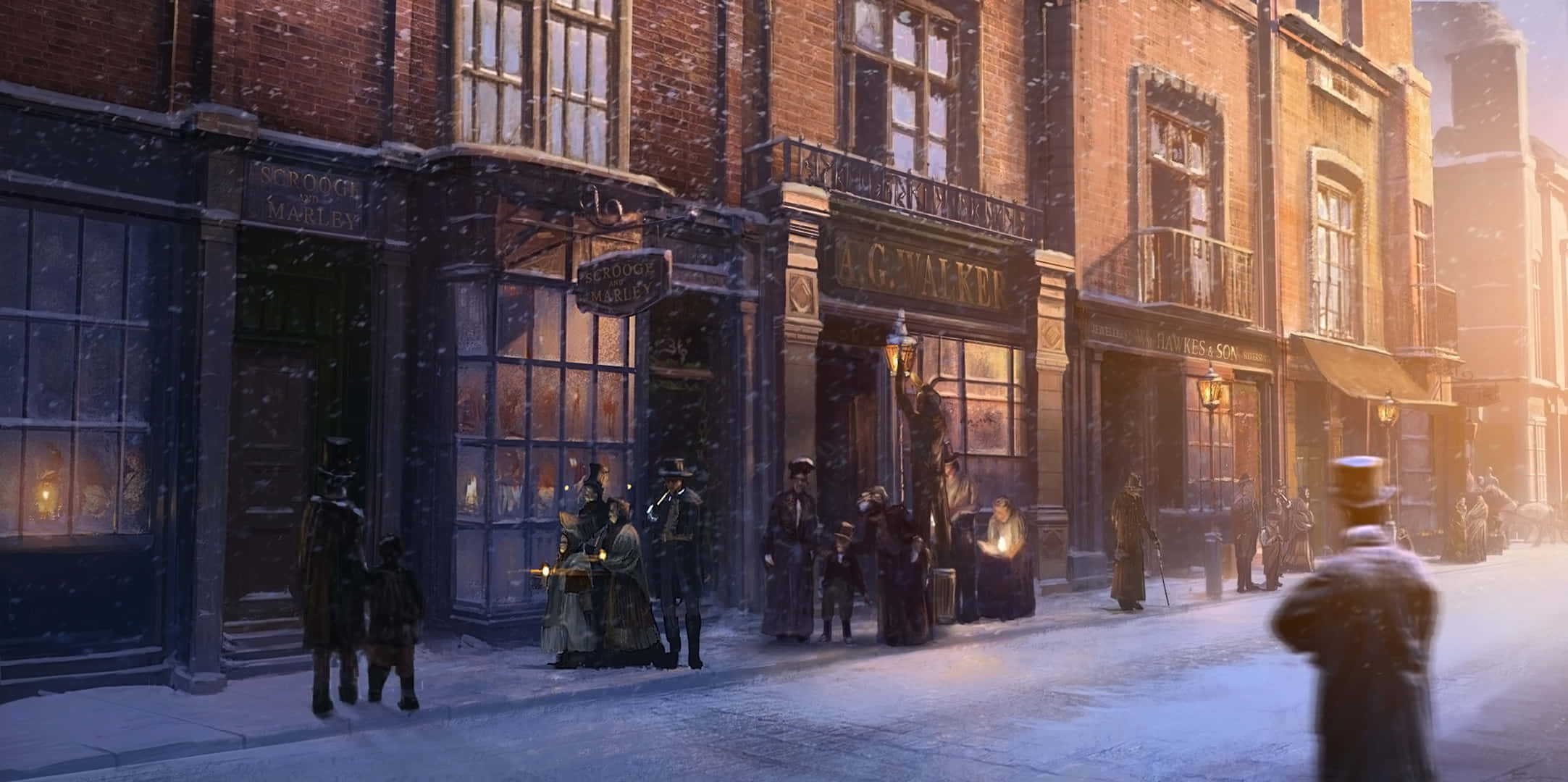 Et maleri af en sneklædt gade med mennesker, der går ned ad den Wallpapers