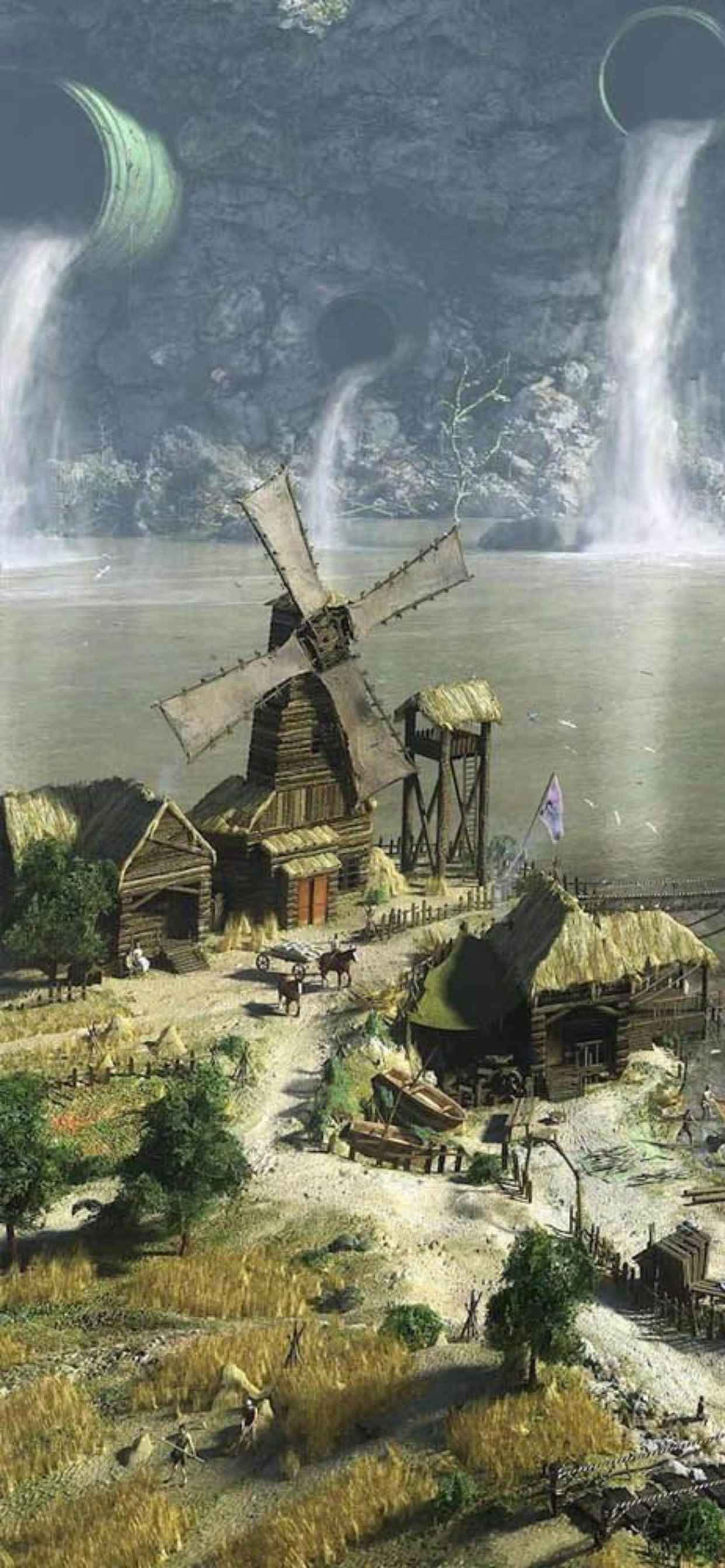 et maleri af en vindmølle og et vandfald Wallpapers
