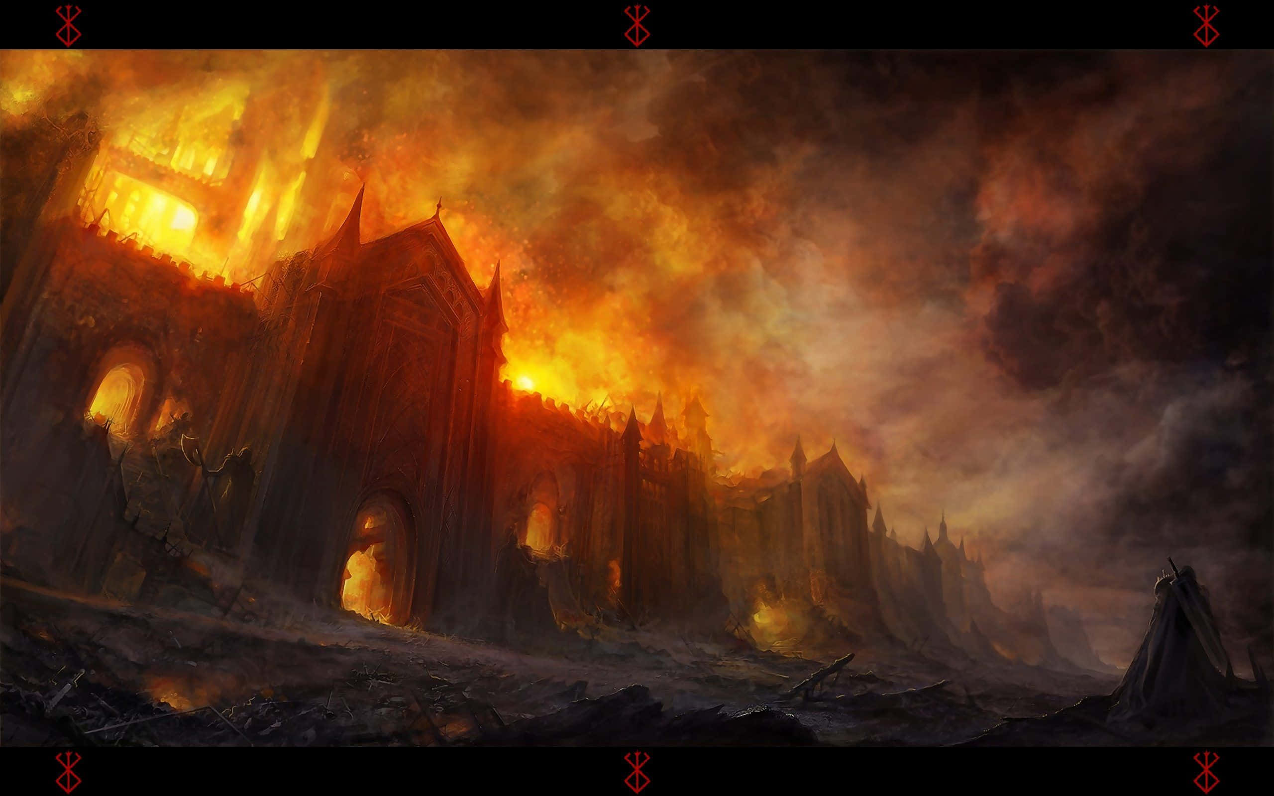 et maleri af et slot i flammer Wallpapers