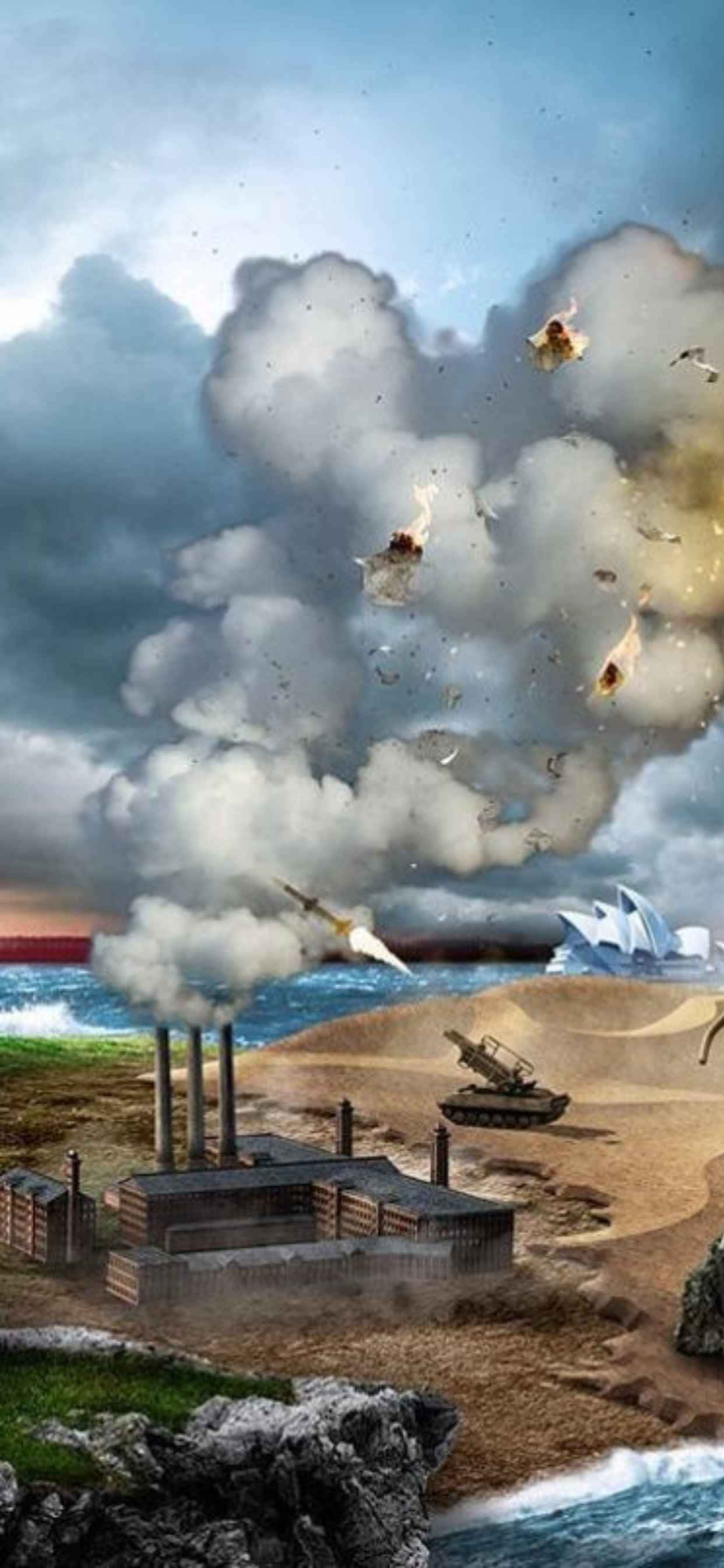 et maleri af et atomkraftværk med røg, der kommer ud af det Wallpapers