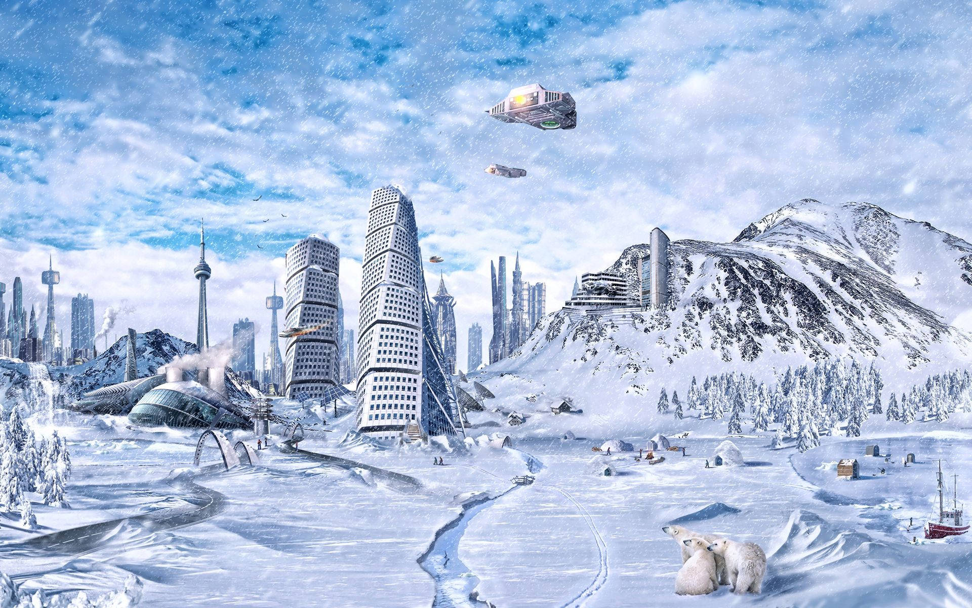 Et ophøjet bybillede fyldt med videnskabelige og futuristiske elementer Wallpapers
