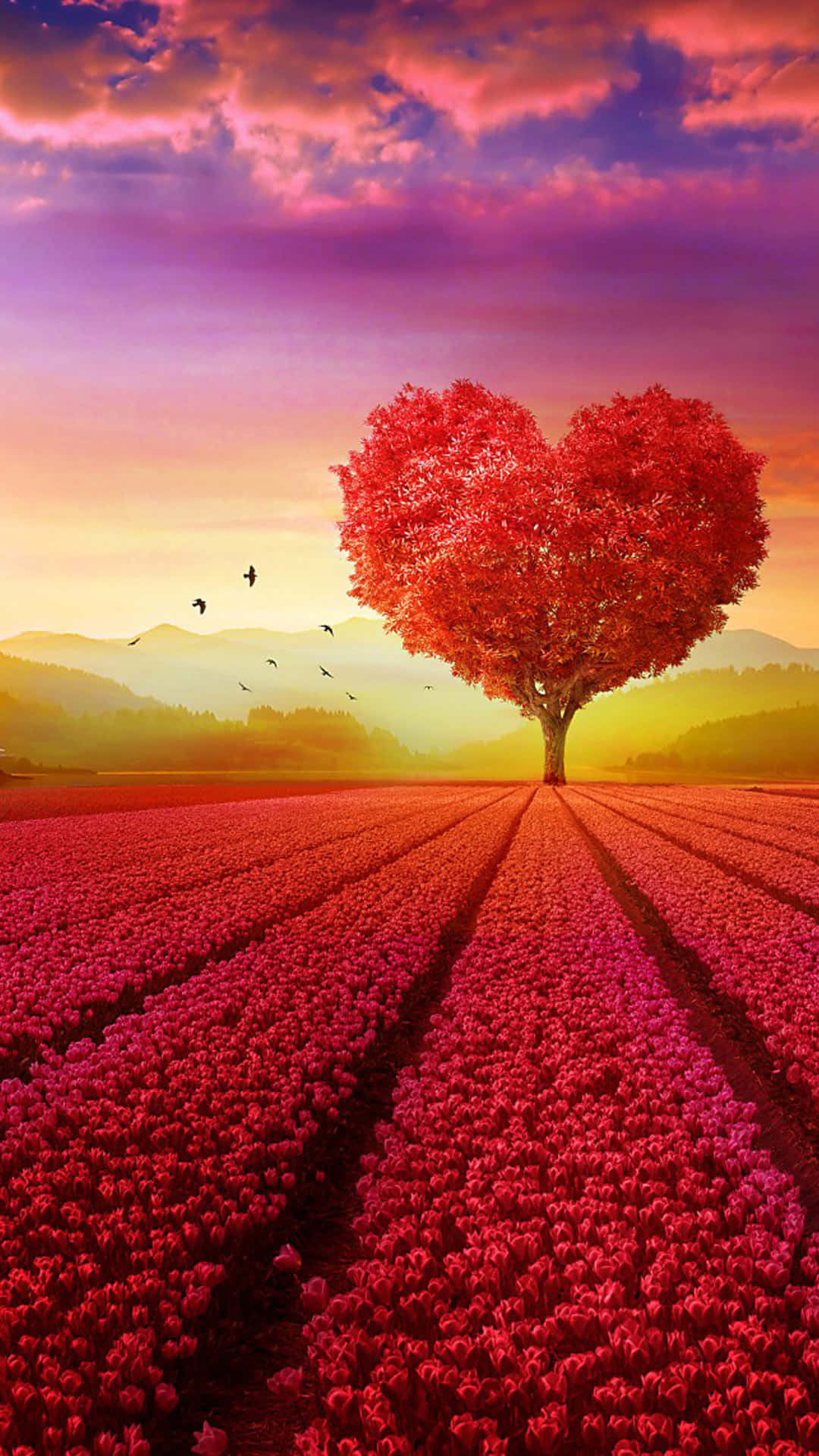 Et rødt hjerteformet træ på en blomstereng Wallpapers